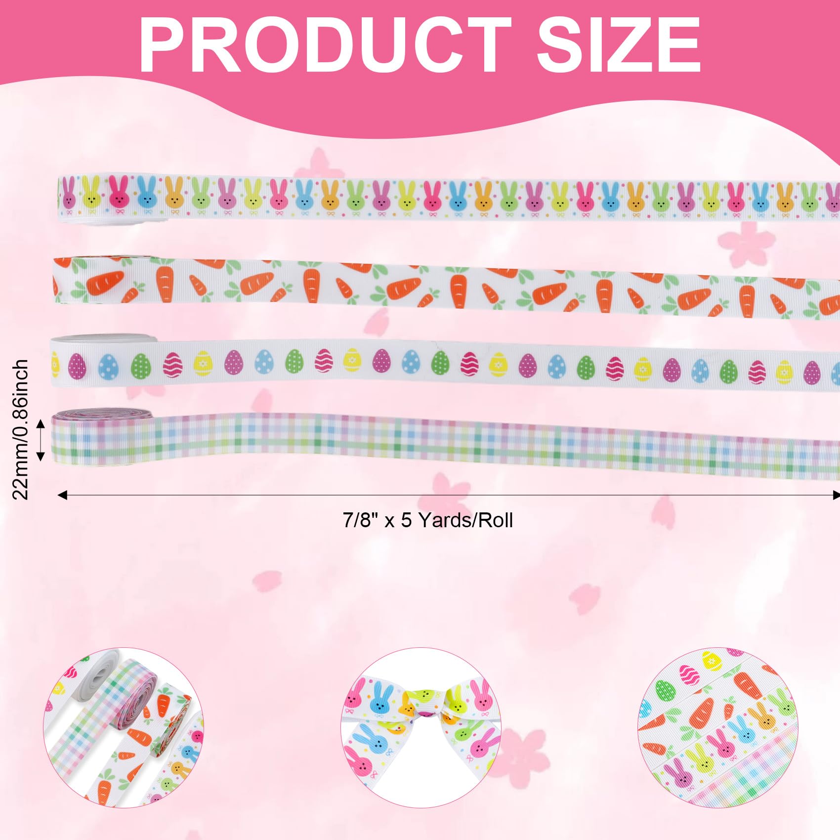 4 Rolls Easter Ribbon for Wrapping Printed Eggs Bunny Rabbit Carrot Checkered Grosgrain Gingham Spring Ribbons 7/8 Inch 20 Yds Blue Pastel for Crafting Home Decor Gift Basket Easter Crafts Bouquet - Image 2