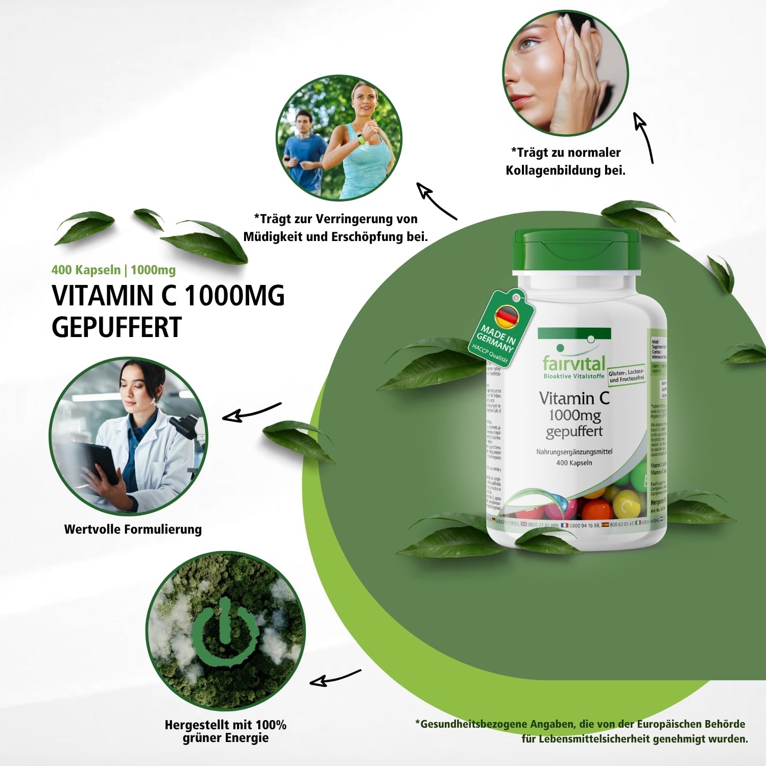 fairvital Gepuffertes Vitamin C 1000mg hochdosiert, 400 Kapseln, VEGAN, magenfreundlich, Calciumascorbat