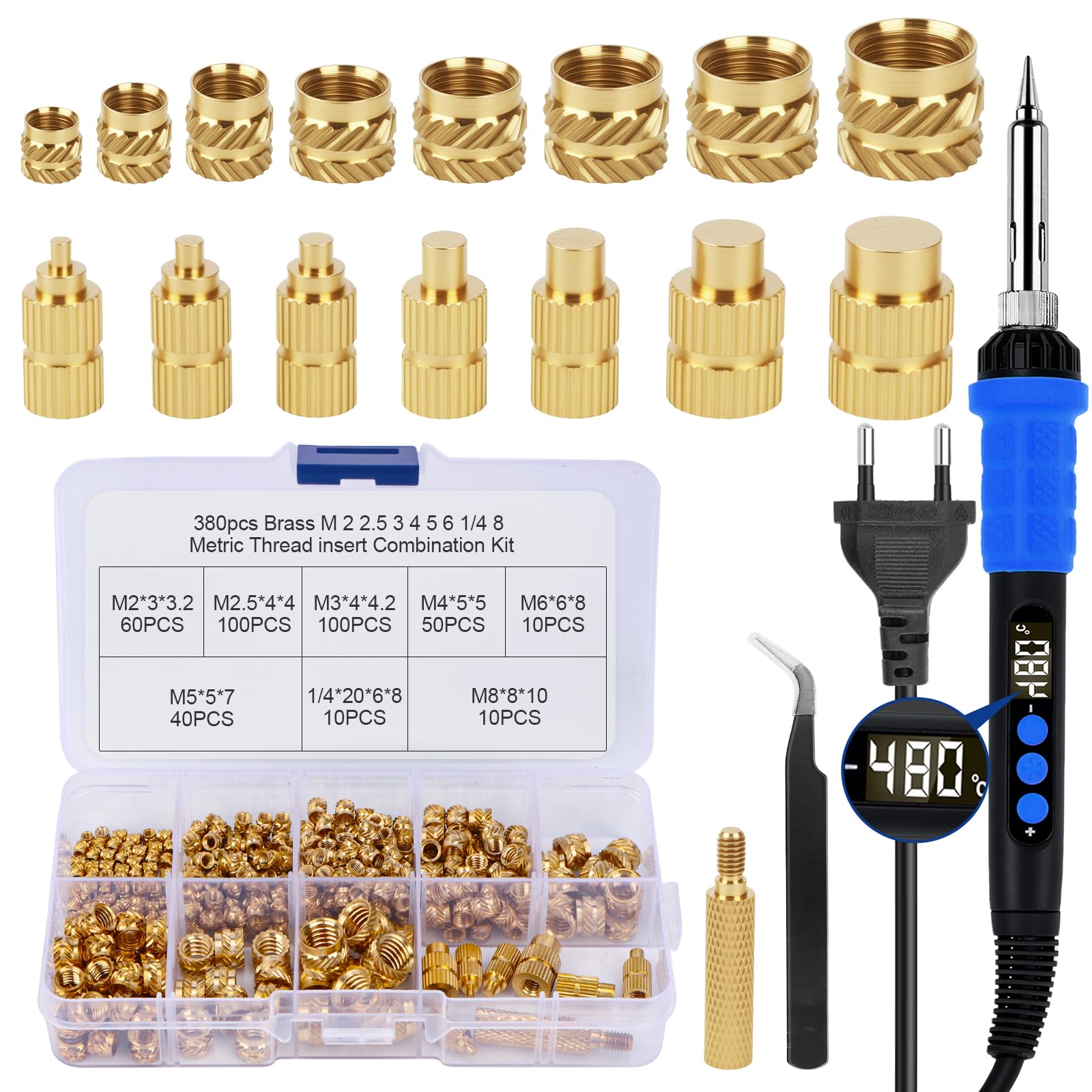 390 Piece Threaded Inserts Soldering Tips Set, 90 W LED Temperature Adjustable Soldering Iron with 380 Pieces Thread Inserts M2/M3/M4/M5/M6/M8, 9 Pieces Pyrography Head, 8 Pieces Soldering Tips for 3D