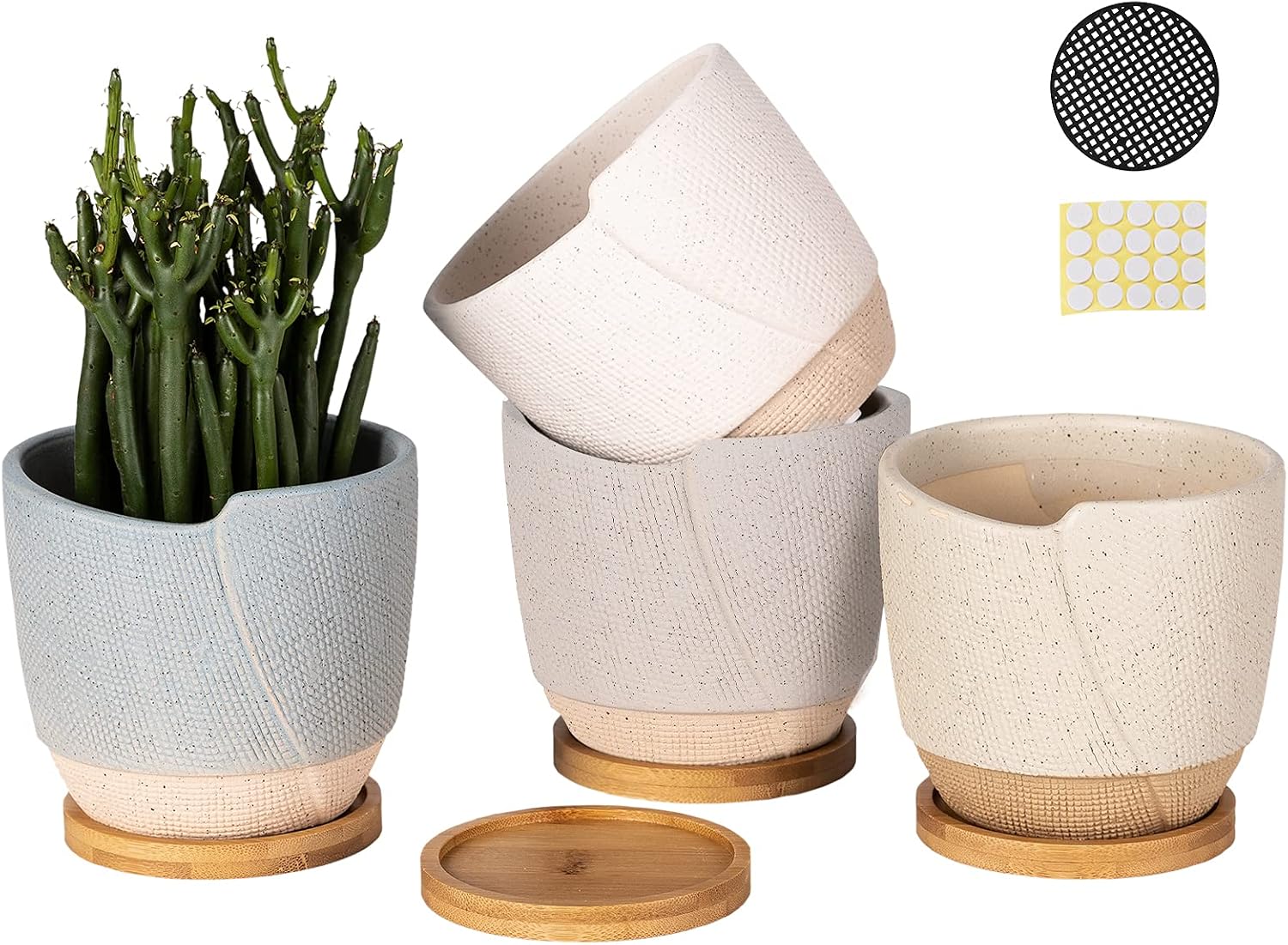 Morandi Colors 4.75 Inch Ceramic Planters with Drainage Hole & Saucer, Small Linen Pattern Flower Shape Plant Pot with Trays for Indoor Plants, Succulent, Cactus & Herbs, Set of 4