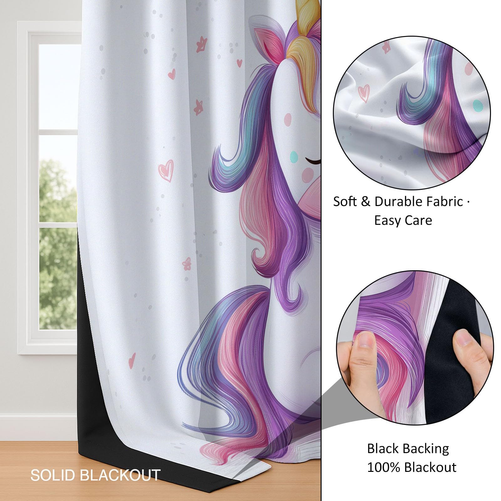 Rideau Isolant Adorable Petite Fille Licorne Rideau Occultant Thermiques Anti Froid et Chaleur, Économie d'Énergie, Idéal pour Chambre et Salon 91.5 x 214 cm, Violet, 2 Pièces