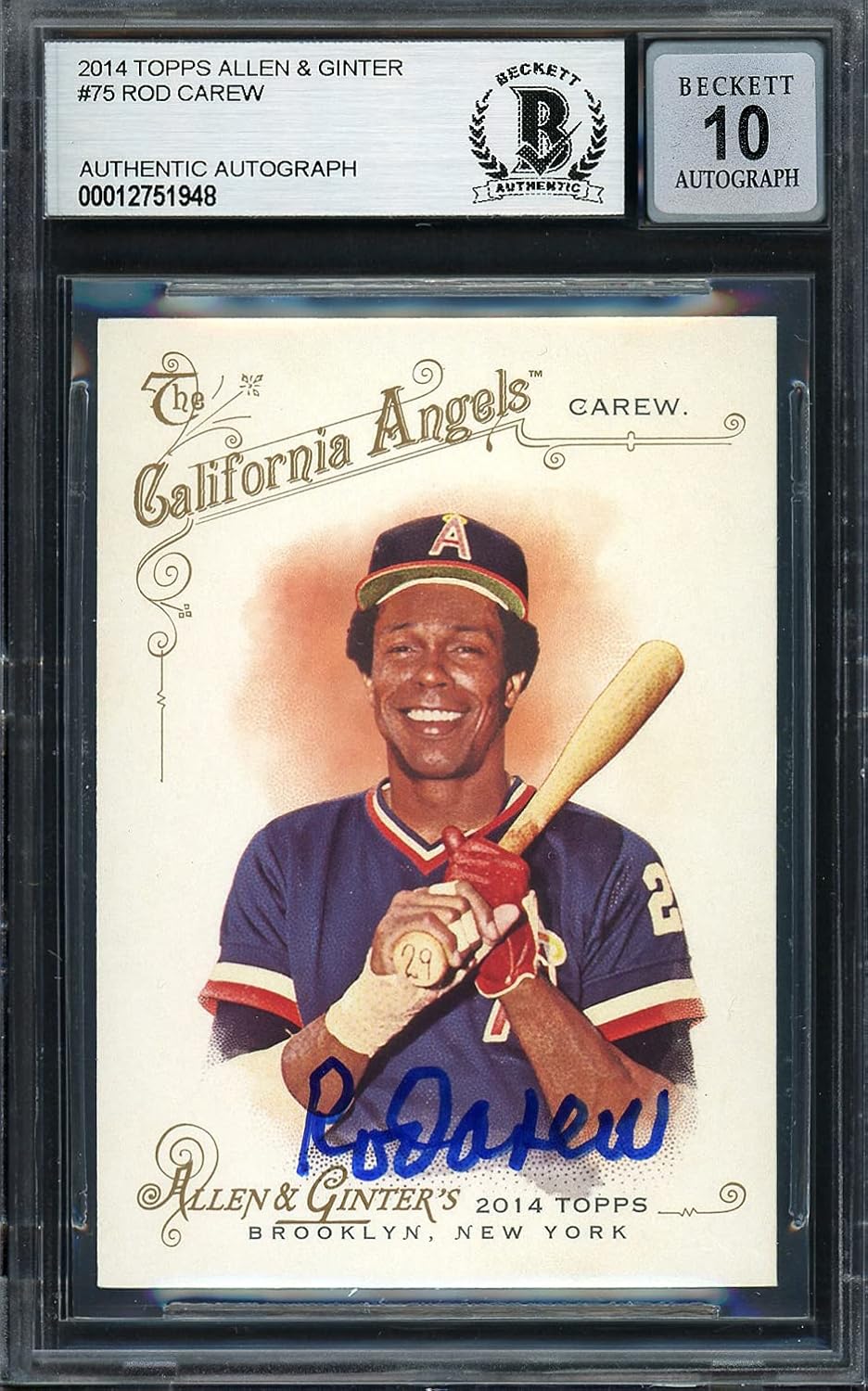 Rod Carew Autographed 2014 Topps Allen & Ginter Baseball Card #75 Auto Grade Gem Mint 10 Beckett BAS Stock #192788