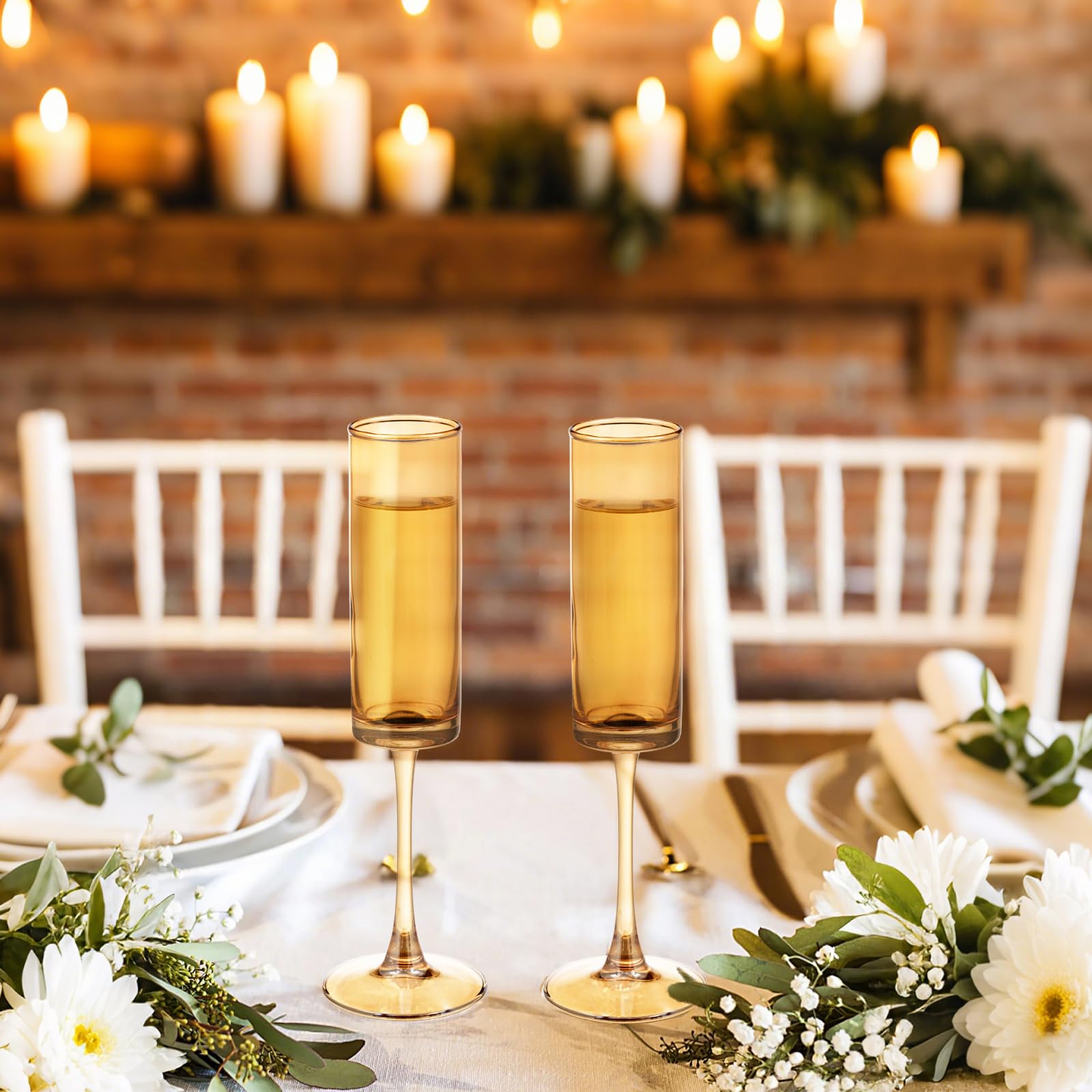 Bernstein-Champagnergläser, 170 ml, gerade Seiten, langer Stiel, buntes Trinkglas, Set mit 6 mundgeblasenen Champagnerflöten, Kelchen für Hochzeit, Cocktailbecher, Cava, Prosecco, 6 Stück