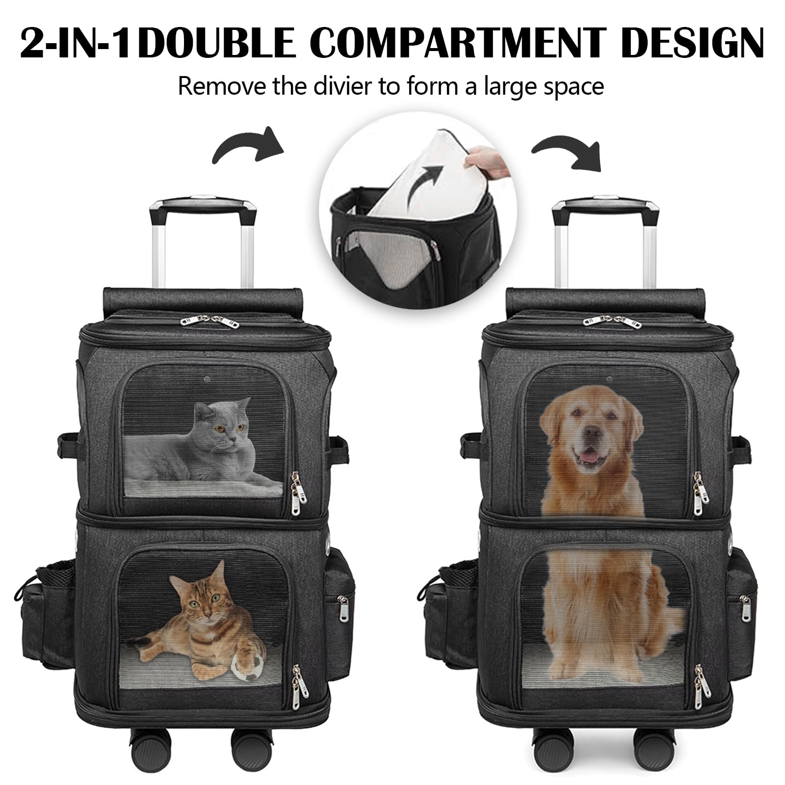 Sac à Dos Chat Chien, Sac à Dos de Transport à Double Compartiment avec Roues Amovibles Sacs Transport Chat Chien Respirant pour 2 Petits Chats et Chiens Chiot