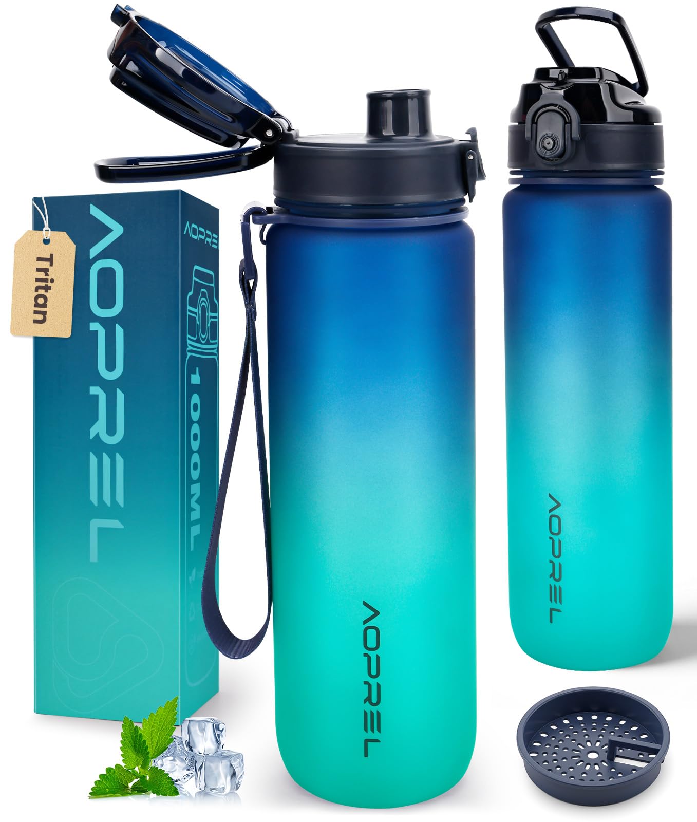 Aoprel Blue-Green Leakproof Water Bottle 1L/650Ml With Time Marker, Bpa-Free Tritan