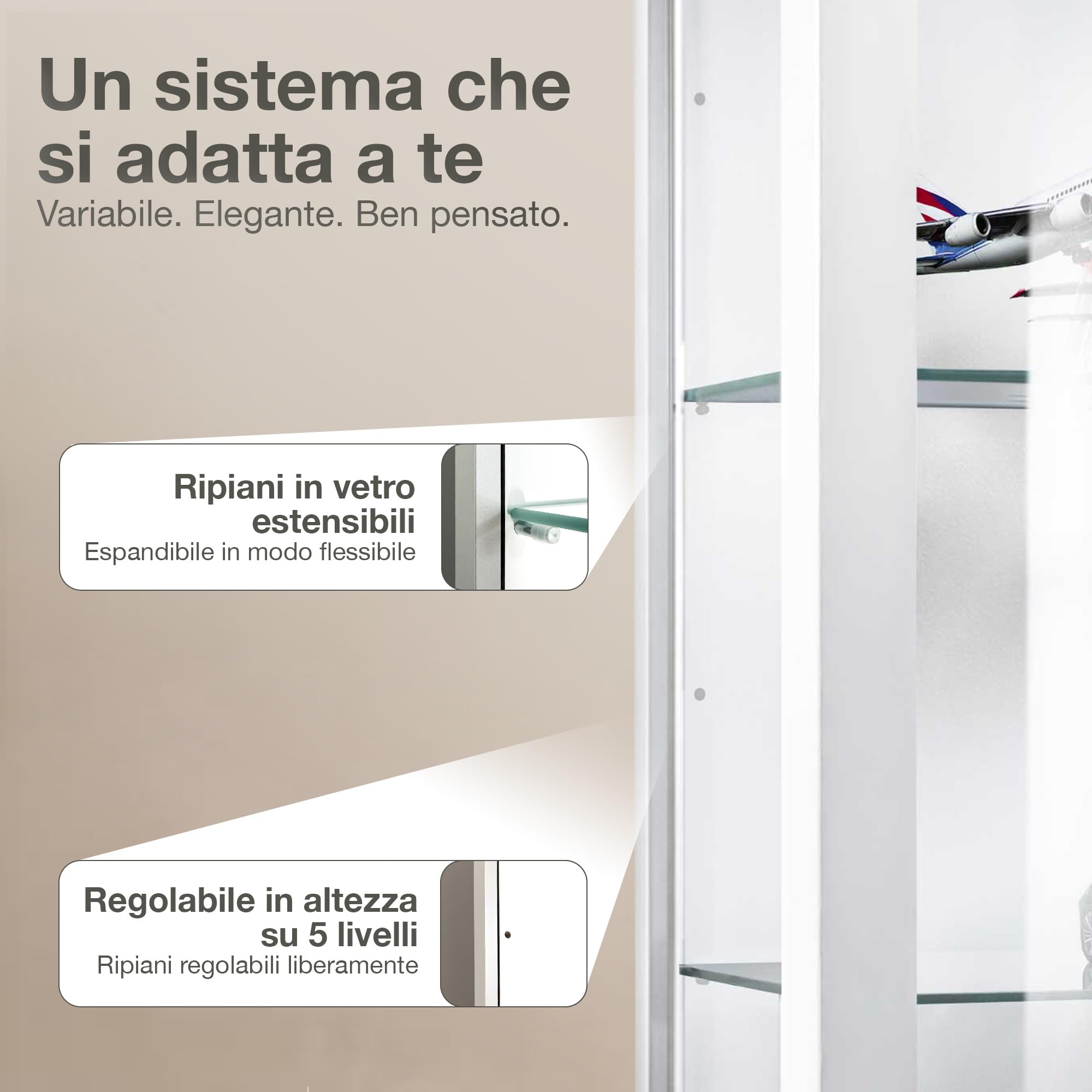 Vetrina in vetro bianco (80x60x25 cm) con 2 ripiani in vetro regolabili in altezza - Vetrina per modellini di auto bianco - Vetrina per collezionisti