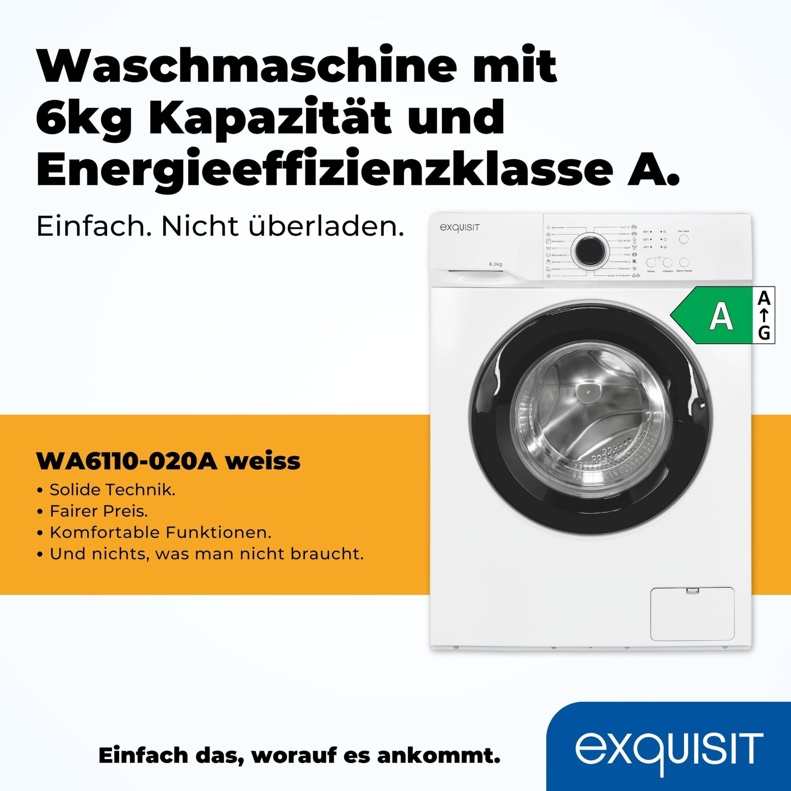Exquisit Waschmaschine WA6110-020A Weiss - 6 kg - Energieklasse A | Frontlader mit 1000 U/min, 16 Programmen inkl. Kurzprogramm, AquaStop und integrierter Kindersicherung für den Haushalt