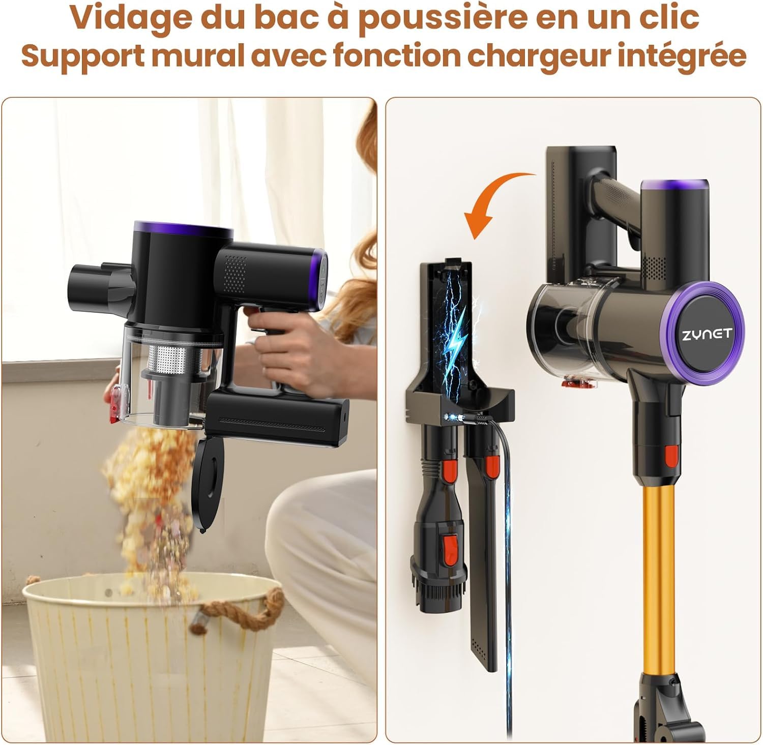 S9 Aspirateur Balai sans Fil, 45kPa/500W/45Min, Tube Pliable, Station de Charge Murale 2-en-1, avec Lumière Verte, Filtration HEPA，Adapté aux Poils d'animaux/Tapis/Sols Durs (Jaune)