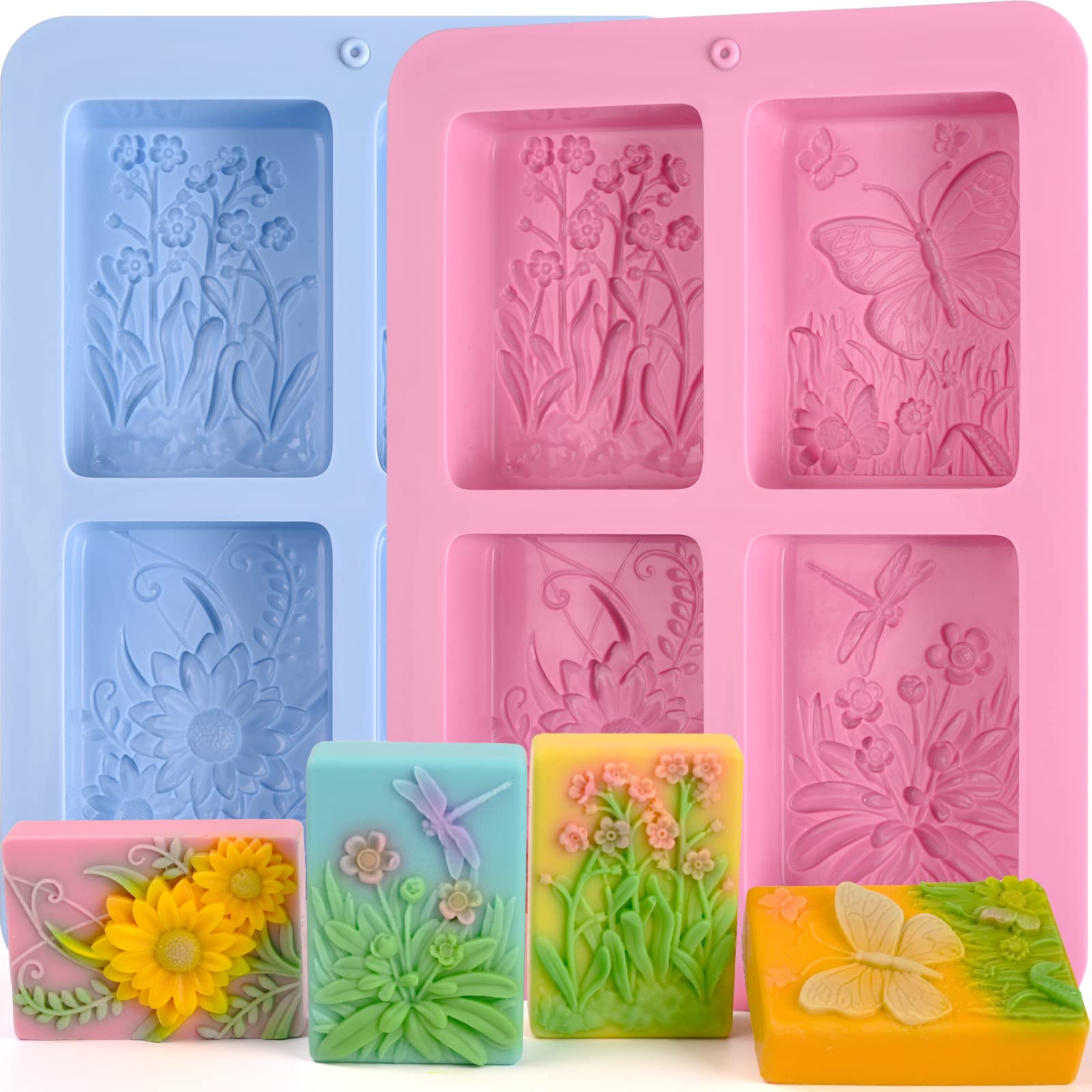 Moukiween Soap Molds Silicone, 3D Rectangular Insect Flower Silicone Molds for Handmade Craft Soap, Bath Bombs, Chocolate Bars, DIY Candle, Polymer Clay Design