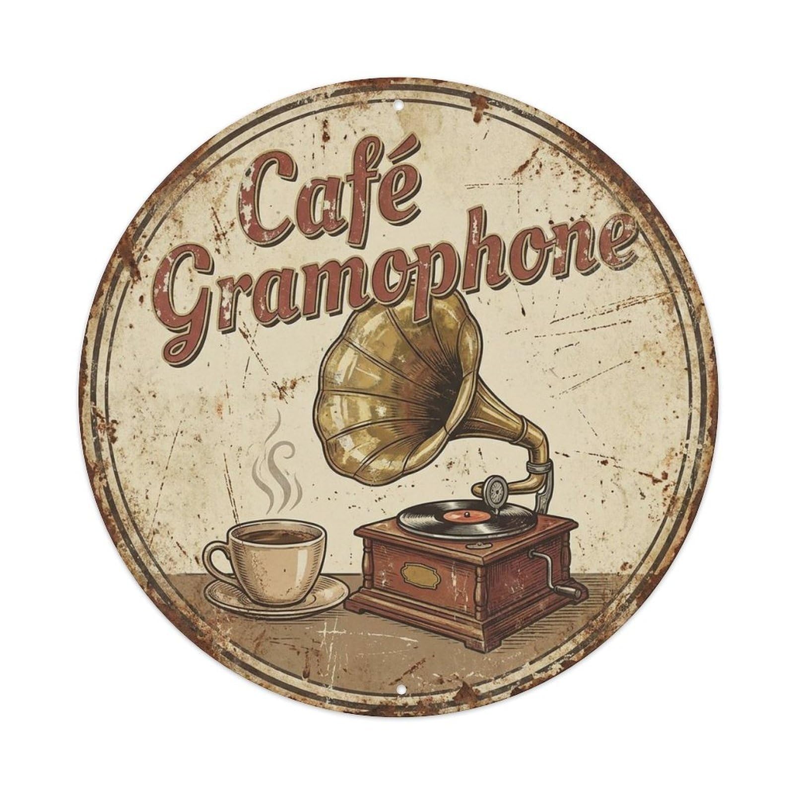Gramophone Coffeehouse Cappuccino Cafe Music Espresso Metal Tin Sign Plaque Wall Decor for Cafe, Man Cave, Club Bar, Office, Home Garden Round Metal Poster 8x8Inch