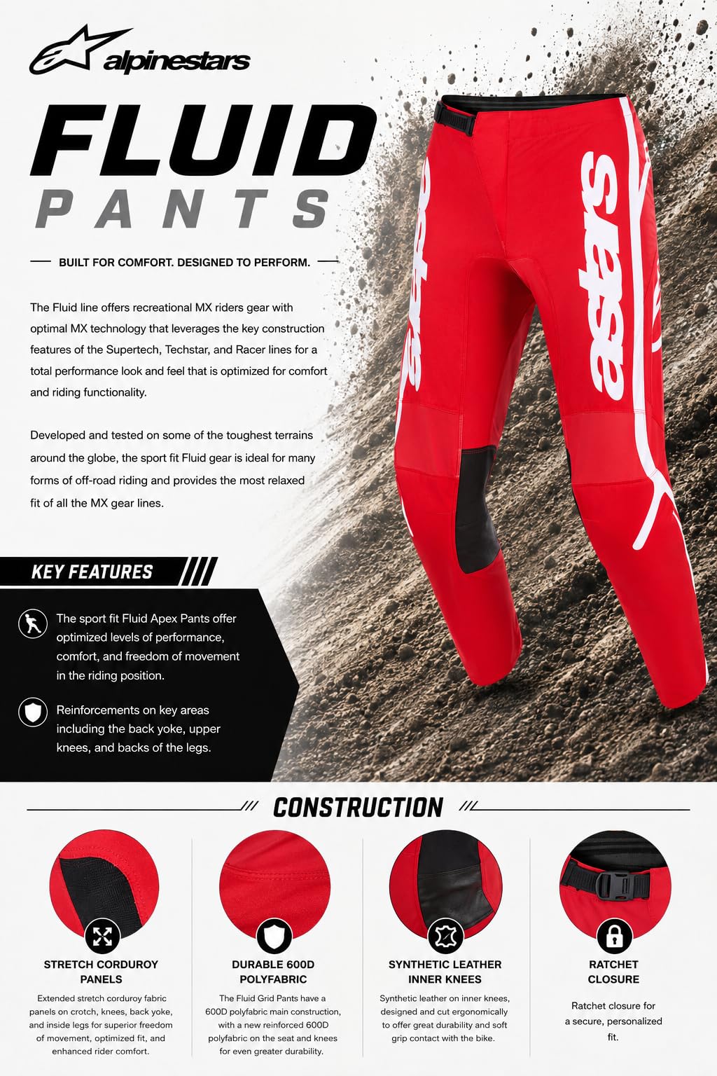 Alpinestars 3720525-3031-30: Fluid Haul Pants Bright Red/Black 30