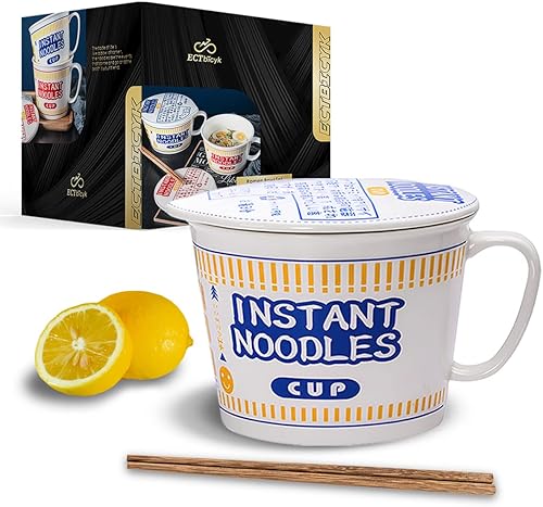 Tazón de fideos Ramen con tapa, cuenco creativo para fideos instantáneos, tazón grande de cerámica japonesa con asa (F)