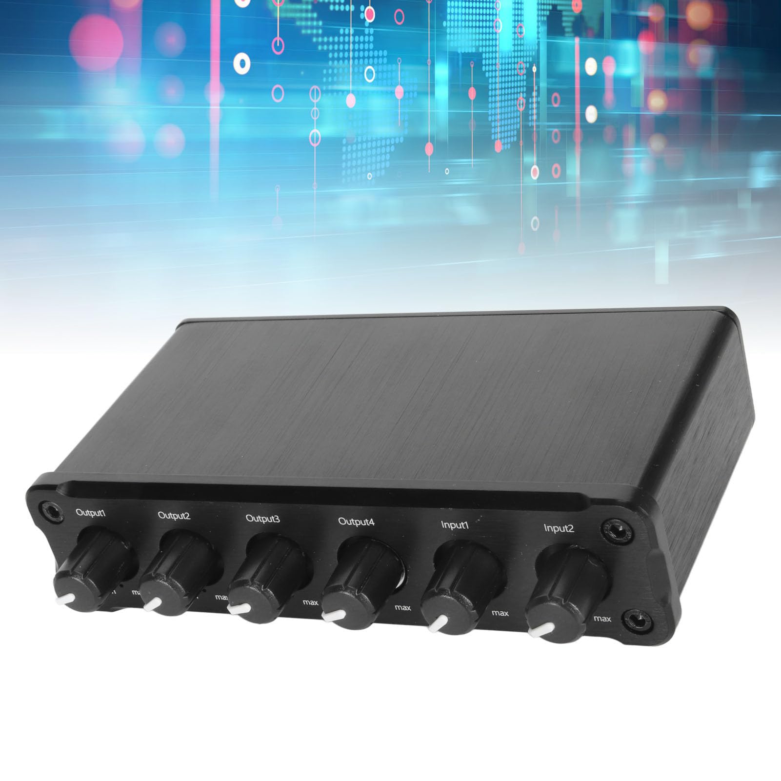 Distribuidor Mixto de Sonido, 2 en 4 Salidas Distribuidor Mixto de Sonido Volumen Ajustable 100‑240V Conector para Auriculares de 3,5 Mm Carcasa de Aleación de Aluminio sin