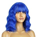 BERON 14 Inches Dark Blue Wig Short Curly Wig Women Synthetic Wigs Blue Wigs with Bangs Hairnet Included