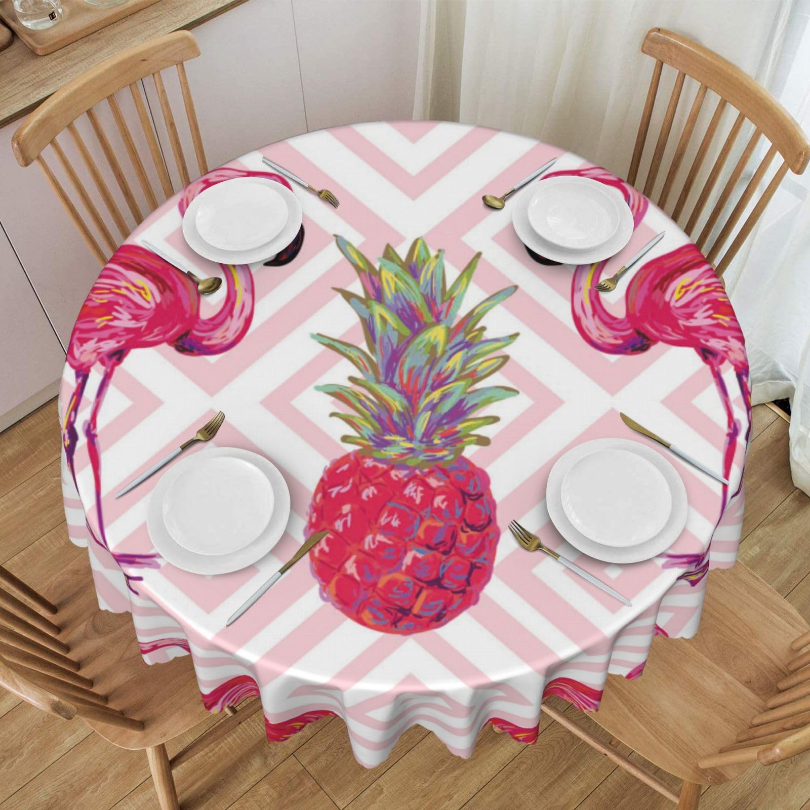 DCEHGEW 60 In Round Tablecloth with Lace, Pink Flamingo Pineapple Printed Oilproof & Washable Fabric Picnic Table Cloth Table Covers