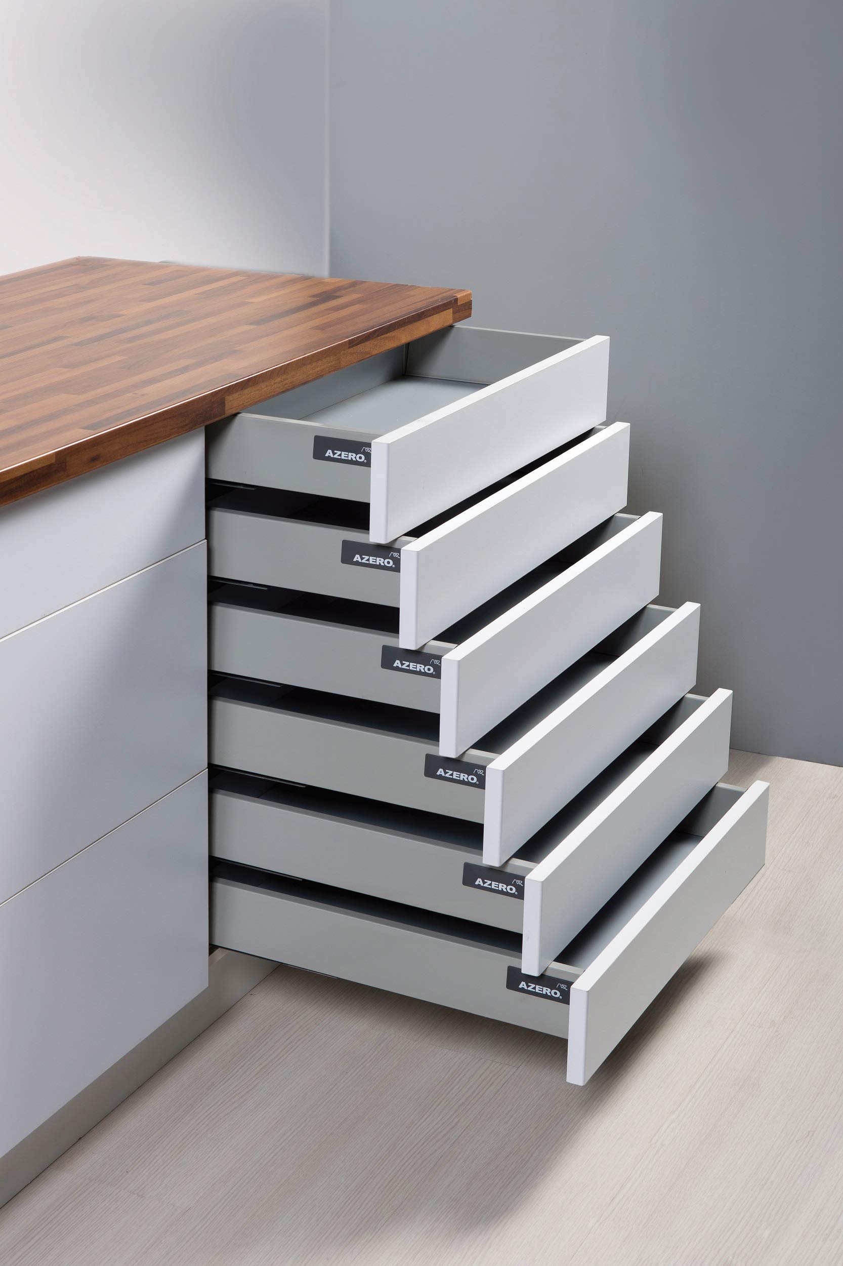 AZERODESIGN- Cajón de cocina altura 84mm con guías de freno, varillas laterales y maderas de base trasera incluidas, rieles de hasta 50 kg de peso, color en gris, fondo de 50 cm