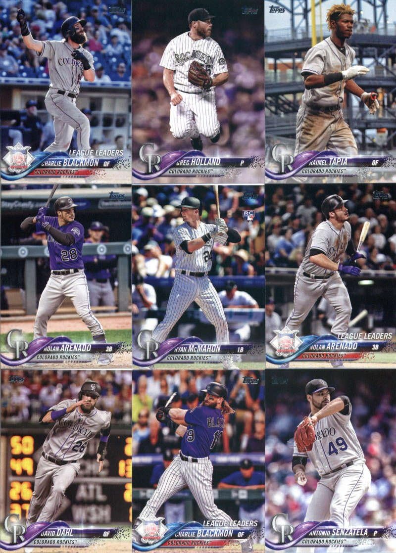 2018 Topps Colorado Rockies Team Set of 15 Baseball Cards (Series 1): Jon Gray(#9), Antonio Senzatela(#85), Charlie Blackmon(#92), David Dahl(#96), Carlos Gonzalez(#110), Pat Valaika(#112), Nolan Arenado(#150), Ryan McMahon(#151), Nolan Arenado(#192), Trevor Story(#230), Mark Reynolds(#235), Greg Holland(#269), Charlie Blackmon(#273), Raimel Tapia(#313), Colorado Rockies(#314)