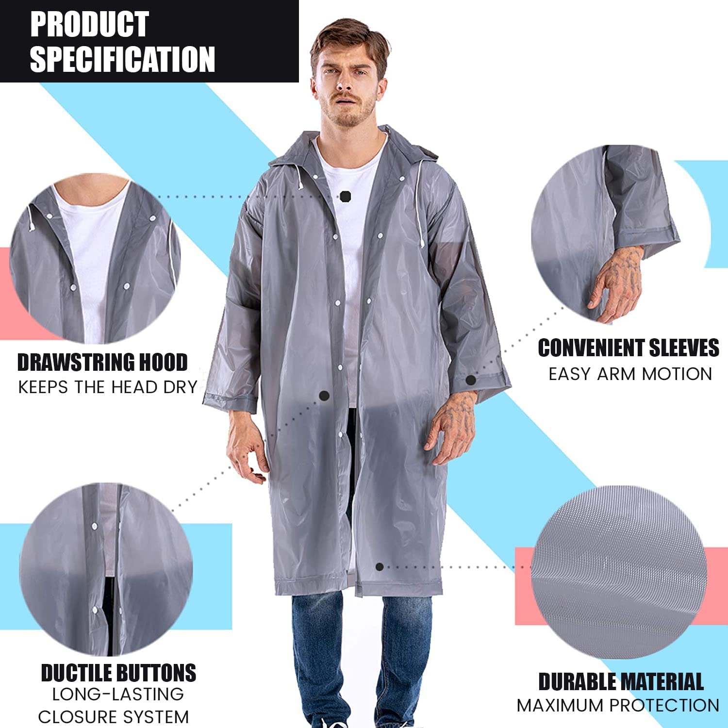 Allextreme EVA Waterproof Unisex Rain Coat Hooded Full Sleeves Outdoor Men, Women, Boys & Girls Rainwear Poncho Raincoat for Camping, Hiking & Travelling (Universal Size,1 Pc Grey) - Image 3 thumbnail