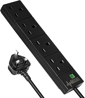4 Gang Surge Protected Extension Lead 1m Plug Extension Power Strip - 4 Plug Socket Power Extension Cord 1 Meter - 4 Way Mains Electric Power Surge Protection Cable Multi Plug UK