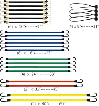 EFFICERE 24-Piece Premium Bungee Cord Assortment in Storage Jar - Includes 10, 18, 24, 32, 40 Bungee Cords and 8 Canopy/Tarp Ball Ties