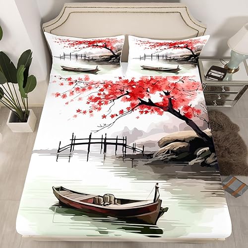 Erosebridal Sábana bajera ajustable de estilo japonés, tamaño Queen, 3 piezas, hojas de cama de flor de cerezo, pintura de tinta de acuarela,