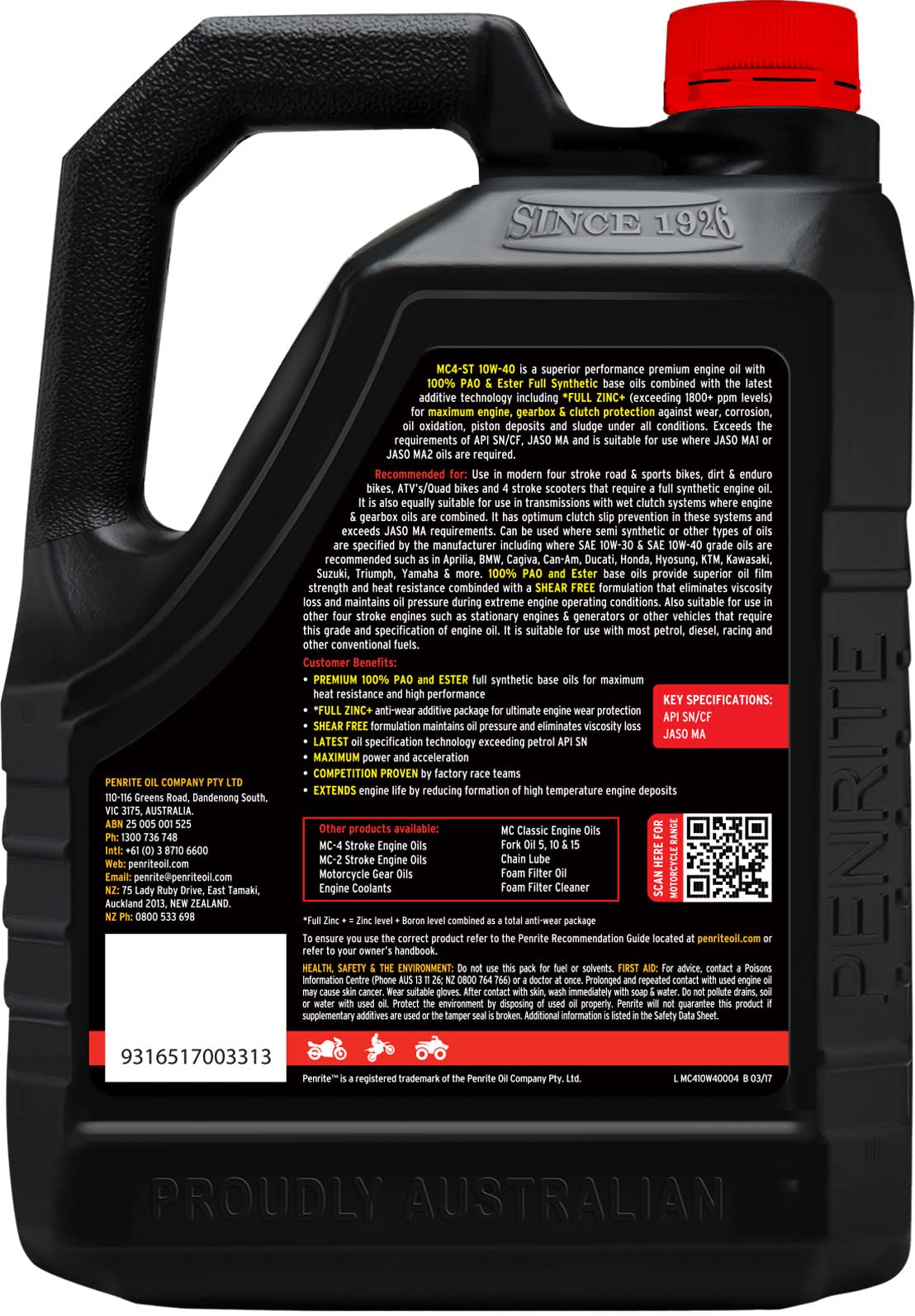 Penrite MC4-ST 10W-40 Olio per Moto Completamente Sintetico | 100% PAO & Ester | Il Più Potente Premium Olio Motore per Motori a 4 Tempi | Massima Protezione per Motore, Cambio e Frizione (4 Litri)