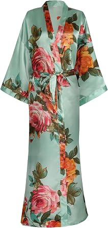 Womens Silk Kimono Robe Long Floral Bridesmaids Robe Satin Wedding Party Bridal Robe Dressing Gown Loungewear Sleepwear, Small-Large