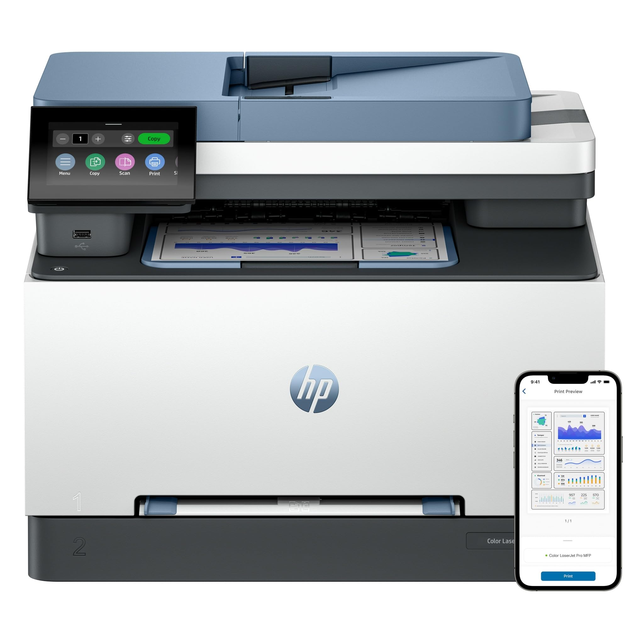 HP Color Laserjet Pro 3302fdn 499Q7F, Impresora Laser A4 Multifunción Doble Cara automática, Escaner, Copiadora, Fax (25ppm, Ethernet, Procesador 1,​2GHz, Memoria 512MB, Smart App) Blanca y Azul