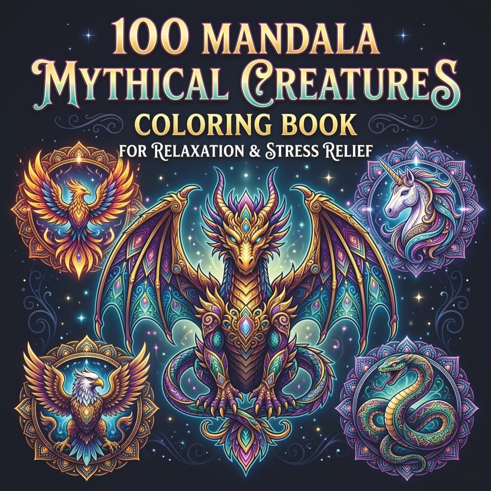 100 Mandala Mythical Creatures Coloring Book for Relaxation & Stress Relief: Mindful Coloring Book Featuring Dragons, Unicorns, Griffins & More