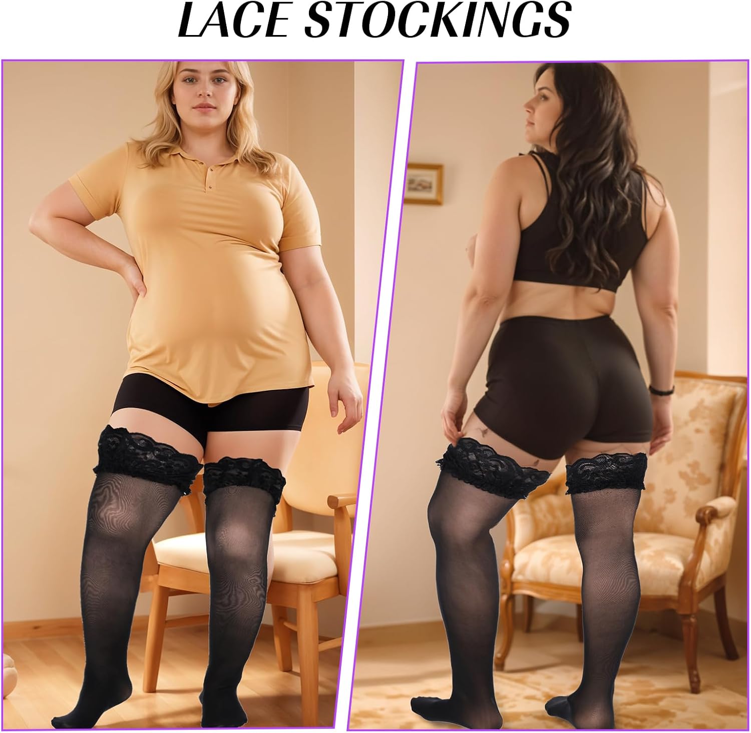 CIATBYYJ Plus Size Thigh High Stockings, Semi Sheer Thigh Highs with Black Lace Women, Sexy Lingerie Stocking Pantyhose(3XL)