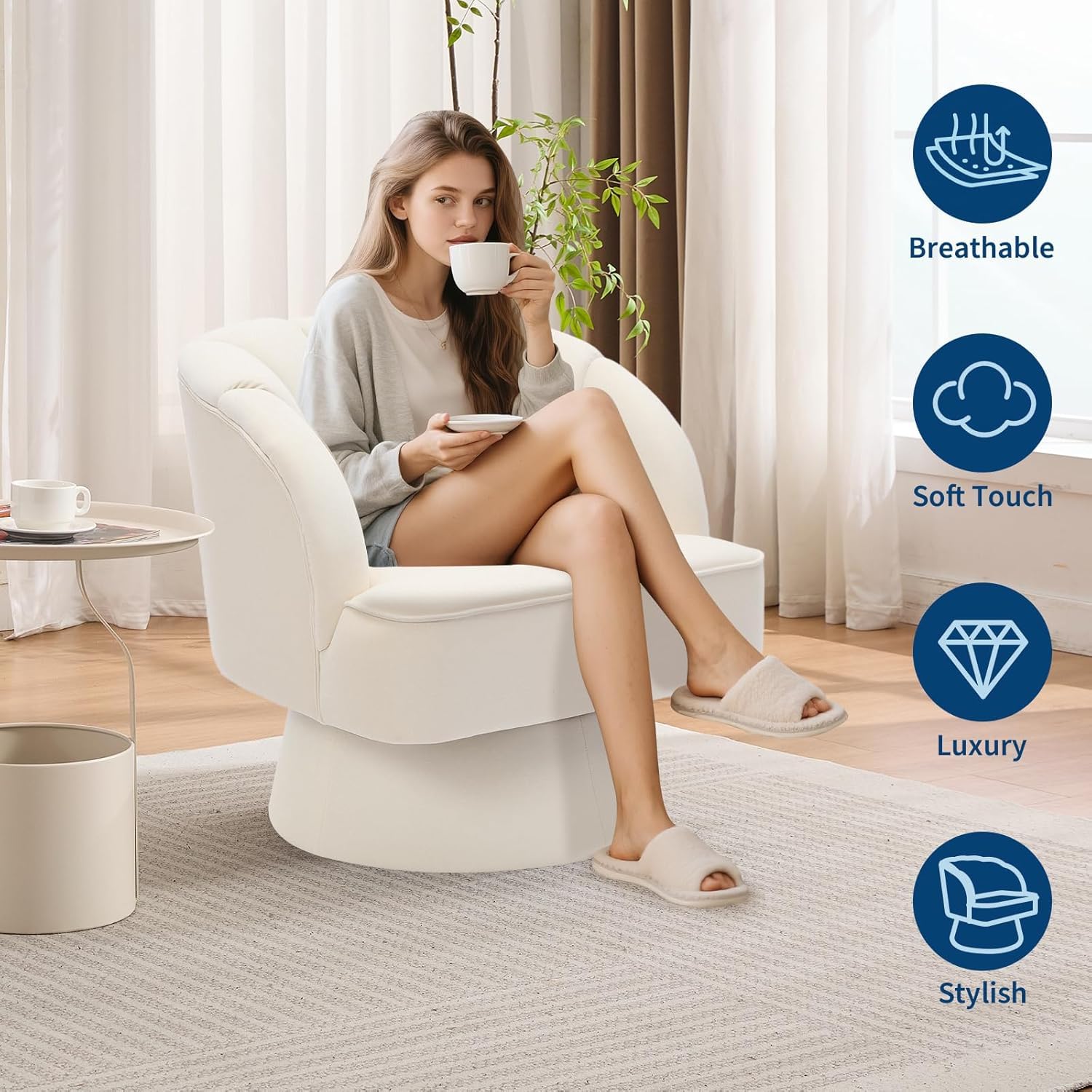 Poltrona girevole moderna in velluto a 360 gradi con schienale a righe e imbottitura in peluche, comoda poltrona rotonda per soggiorno, camera da letto, angolo lettura, beige