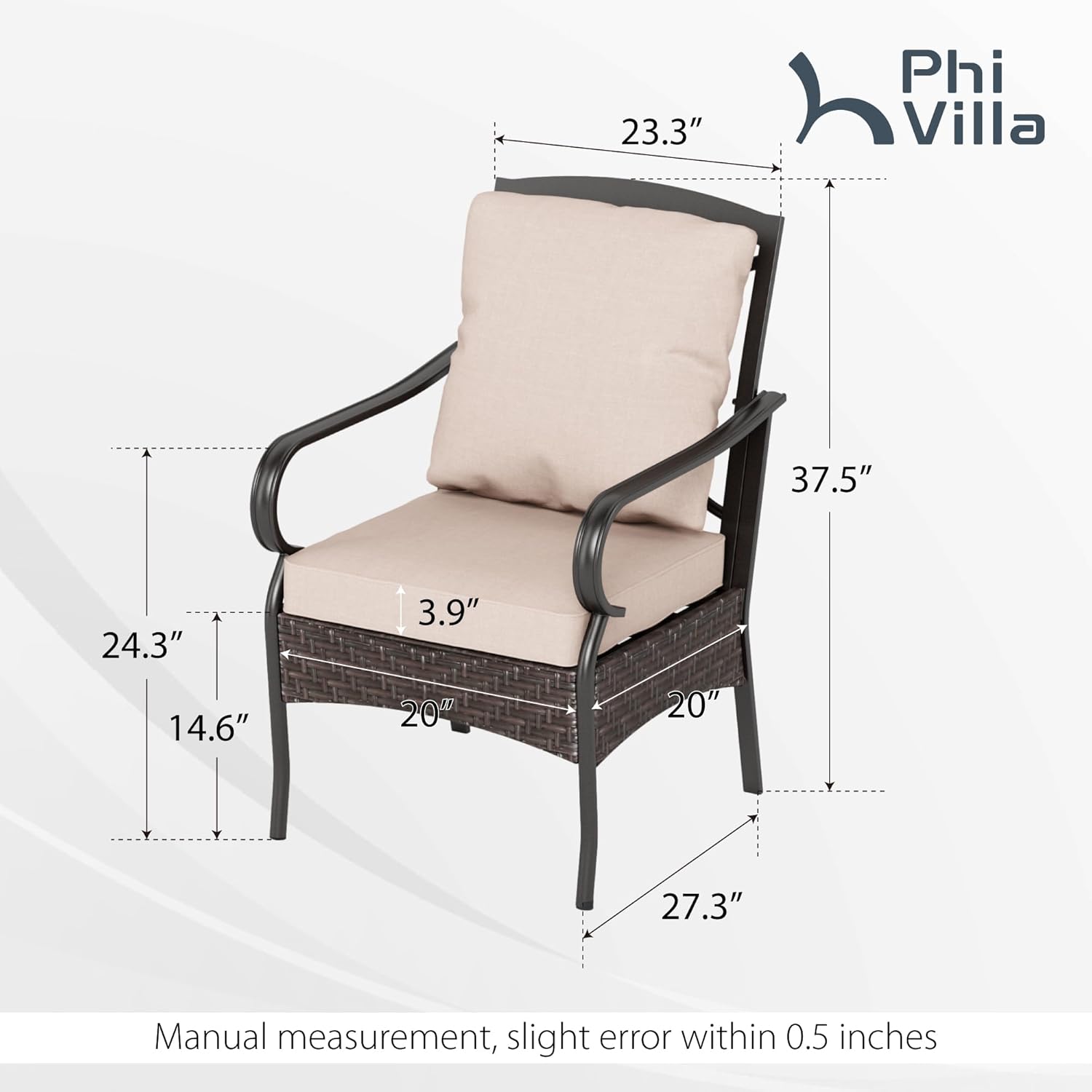 PHI VILLA Outdoor Dining Set of 4, Heavy Duty Outdoor Metal Wicker Dining Chair with Thick Cushions, Large All Weather Wrought Iron Deck Chair for Outisde, Porch Backyard, Support 300lbs