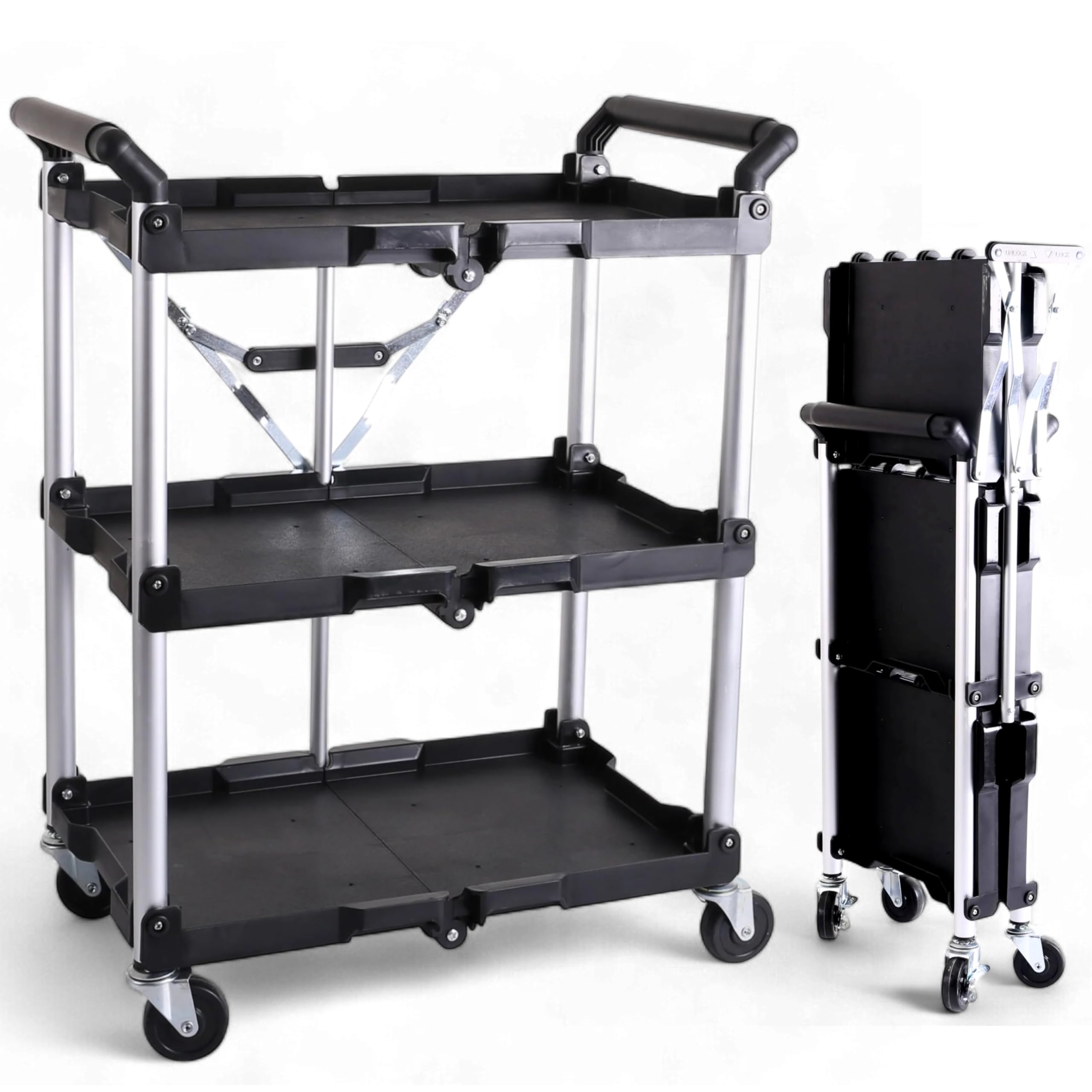 Pallit Serve Servierwagen mit Rollen 75 kg Tragkraft 3 Ebenen, klappbarer Küchenwagen, Rollwagen aus Metall 600 x 380 mm für Küche, Büro, Werkstatt