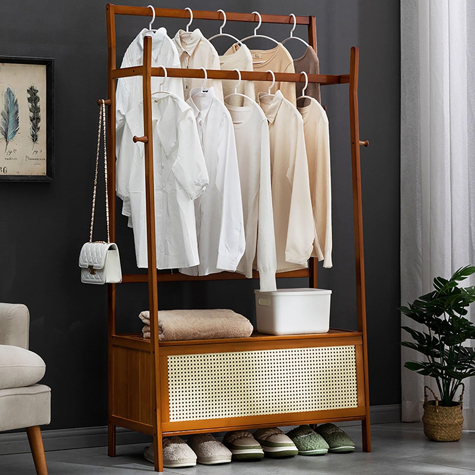 FGXHHS Bamboo Freestanding Coat Rack with Double Hanging Rods & Hooks, 90x40x165CM Garment Storage Stand, Stylish Bedroom Clothes Hanger Basket