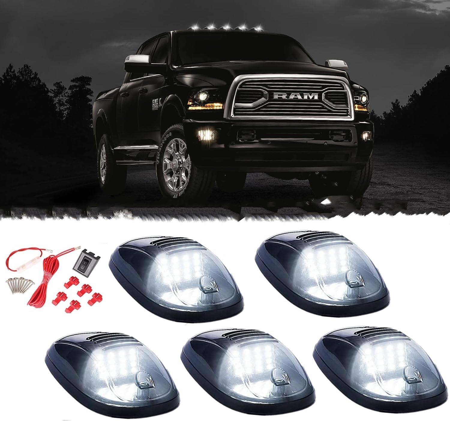 5 X Cab Roof Marker Lights Smoke Lens White 12LED Compatible with 2003-2019 Dodge Ram 1500 2500 3500 4500 5500 Pickup Trucks w/Wiring Pack, Top Marker Clearence Running Lamps, Accessories Light Sets