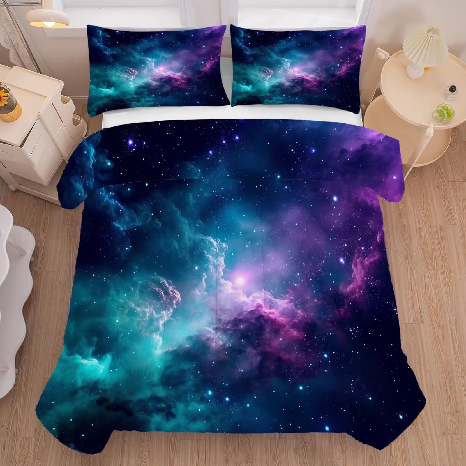 FUYEUN Blue Galaxy Comforter Set Twin Size Space Bedding for Kids Girls Teen Bedroom Decor Moon Cloud Starry Sky Glitter Star Quilt Bed Sets, 1 Comforter 1 Pillowcase