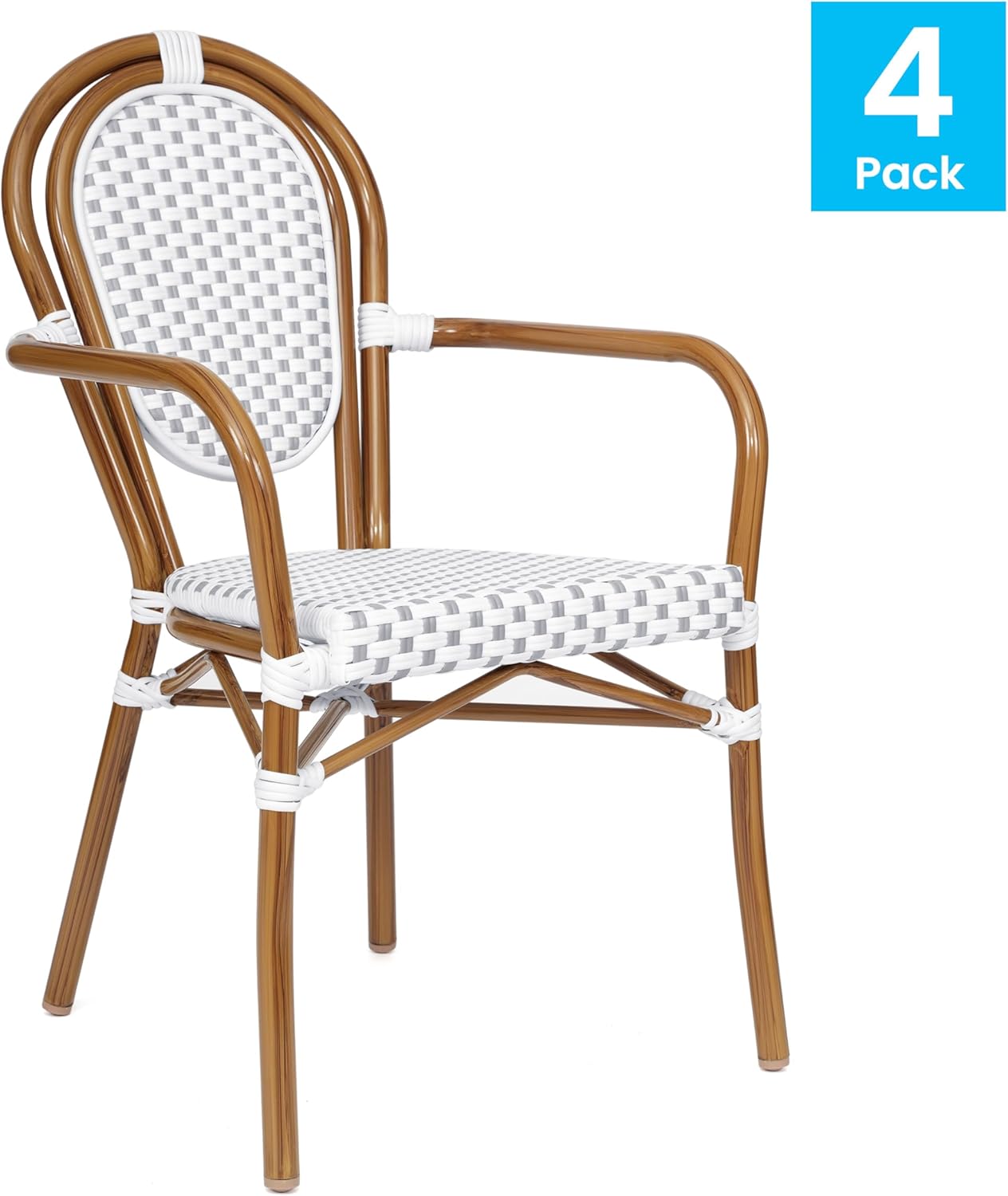 Flash Furniture Lourdes Indoor/Outdoor Commercial Thonet Bistro Stack Chair - Arms - White/Gray PE Rattan Back and Seat - NAT Bamboo Print Metal Frame - 4 PK
