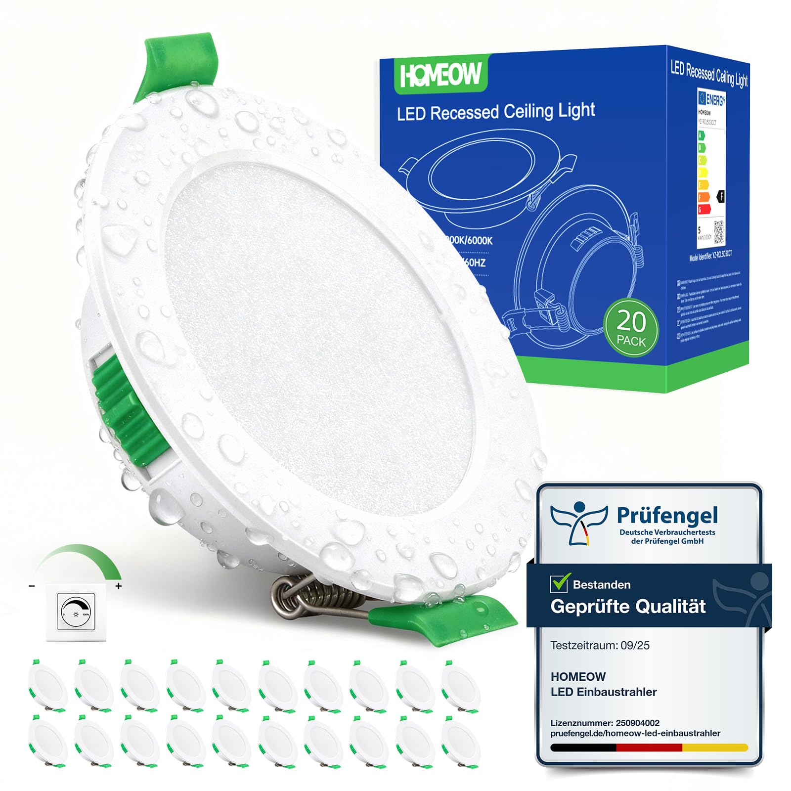 HOMEOW 20er Set LED Einbaustrahler 230V Dimmbar, Led Spots 68mm - 80mm Lochmaß, IP44 Einbaustrahler LED 5W 400LM Warmweiß Neutralweiß Kaltweiß, 24mm Ultra Flach Deckenspots für Badezimmer Küche