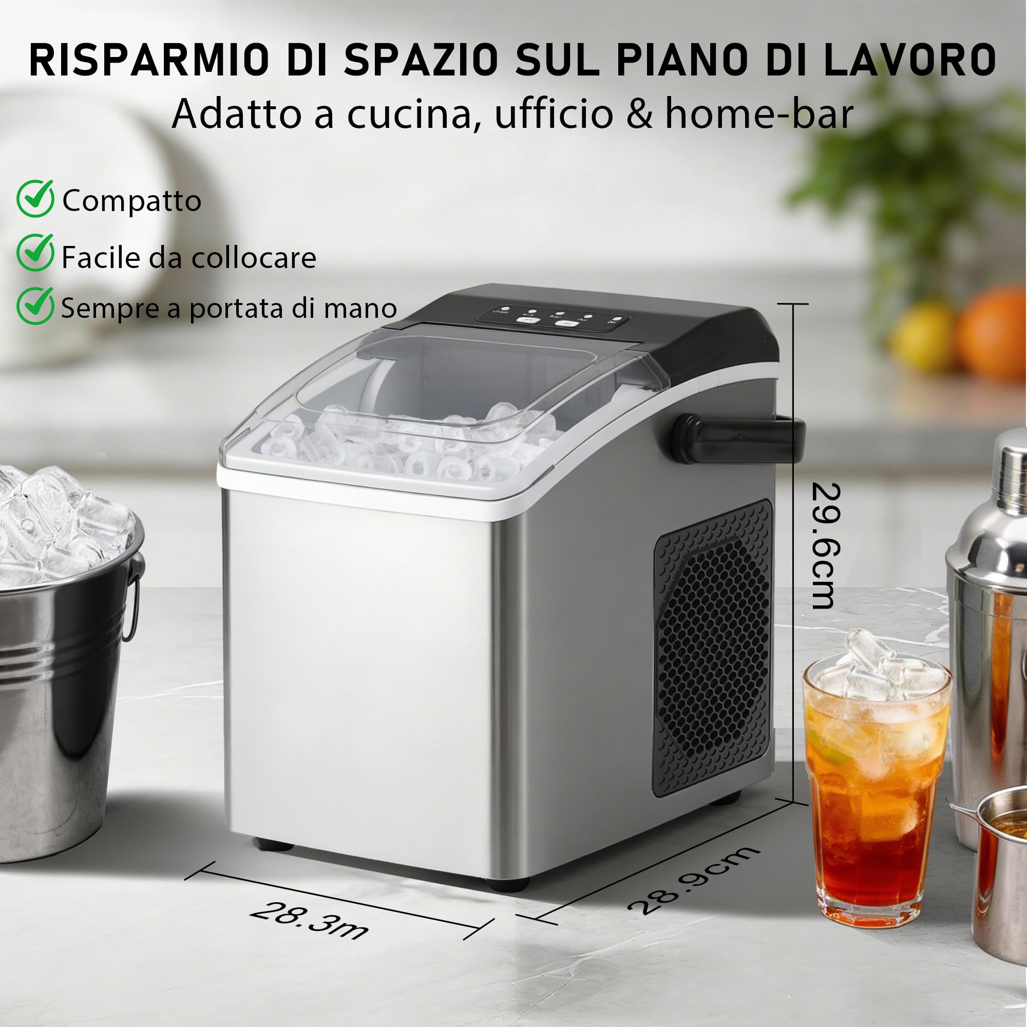 Citybee Macchina del Ghiaccio 12kg/24h con Maniglia Portatile, 2 Dimensioni di Ghiaccio, Silenzioso, 9 Cubetti in 6 Minuti, Ice Maker con Maniglia/Paletta/Cestello, Per Casa, Ufficio, Camper e Cucina
