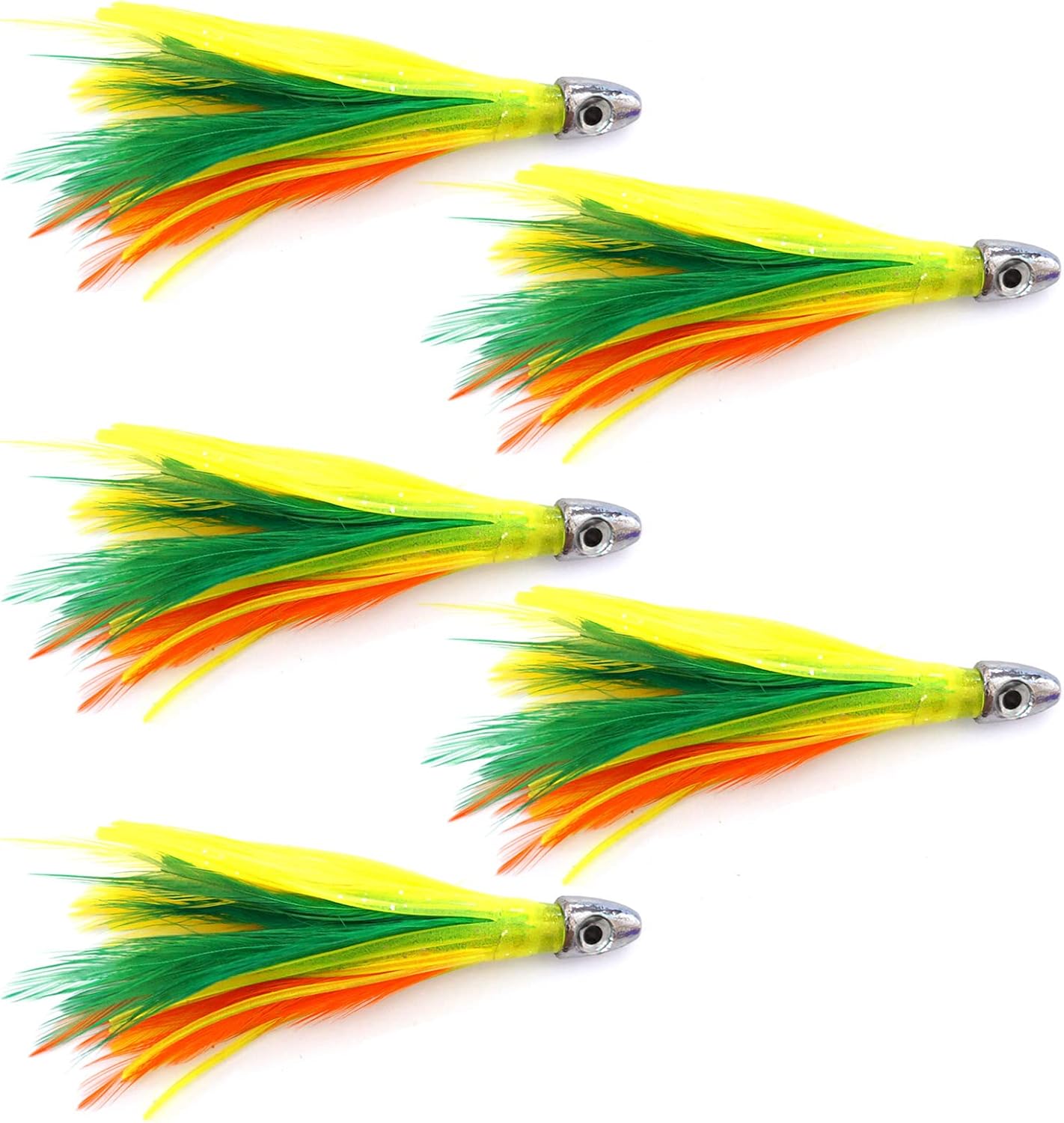 5pcs Fish WOW!® 4" Mini Feather 1/2oz Bullet Chrome Head Trolling Feather unrigged Tuna Lure Squid Skirts - Zucchini