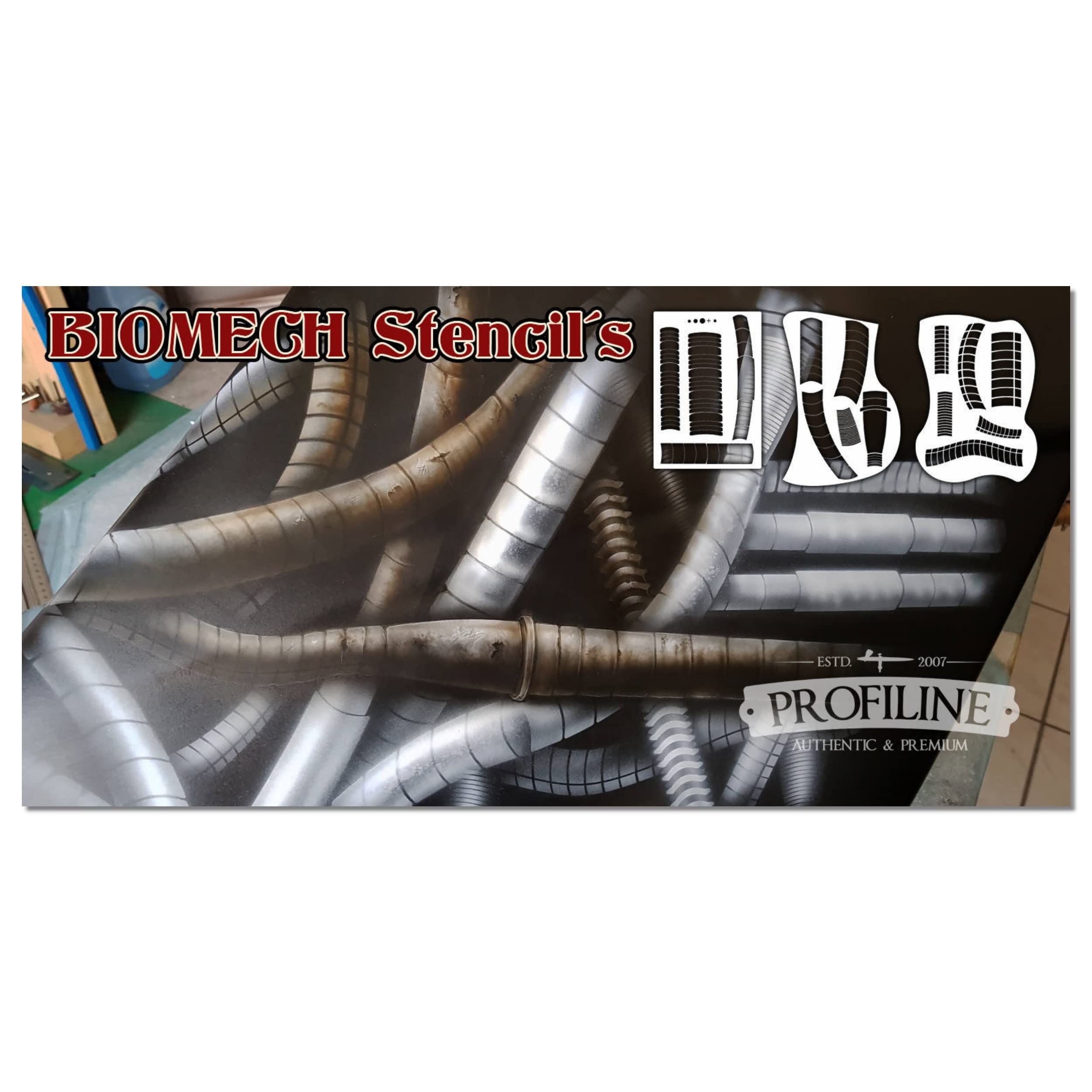 Airbrush Schablonen Set Bio Tech 3-teilig | Tattoo & Graffiti Stencil Vorlage | Wiederverwendbar & Lösungsmittelresistent | Mylar 0,1-0,2 cm | Für Airbrush & Sprays