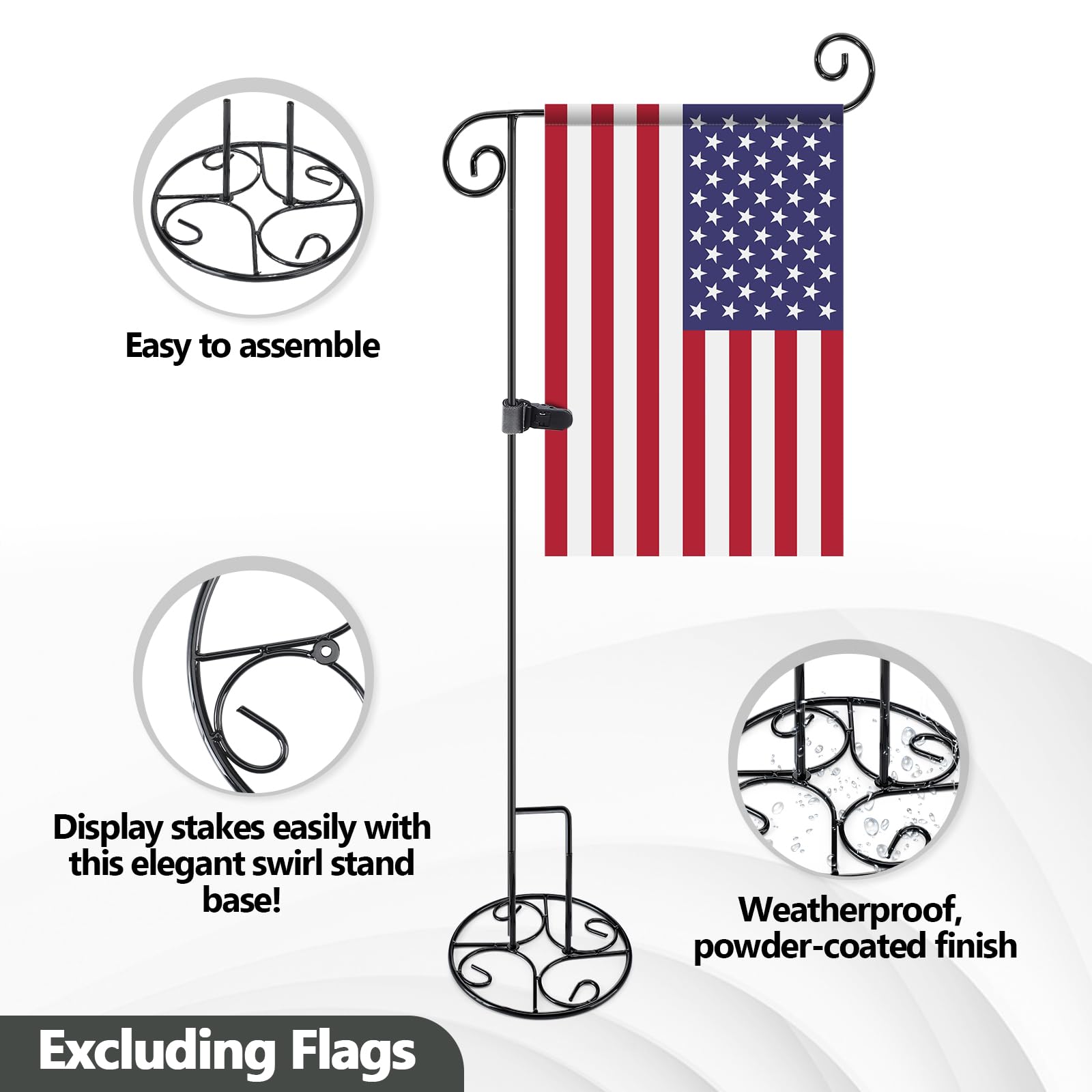 Sunnychicc 2 Pcs Garden Flag Stand with Base Above Ground Metal Yard Flag Pole Holder with One Tiger Clip Two Spring Stoppers for Fall Christmas Holiday Outdoor Decoration(Classic Style)