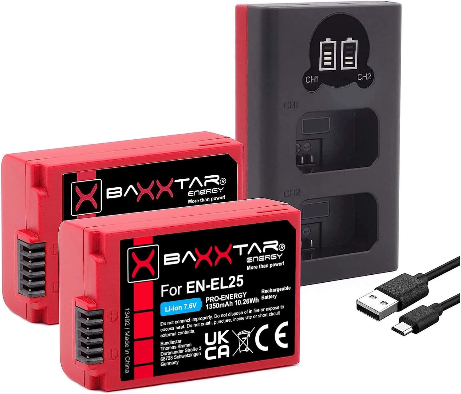 Baxxtar Set 2X EN-EL25 1350mAh + Caricabatterie 19112 USB-C Dual LCD | Compatibile con Nikon EN-EL25a, Z30, Z50 II, Z50II, Z FC, ZFC, con cavo USB