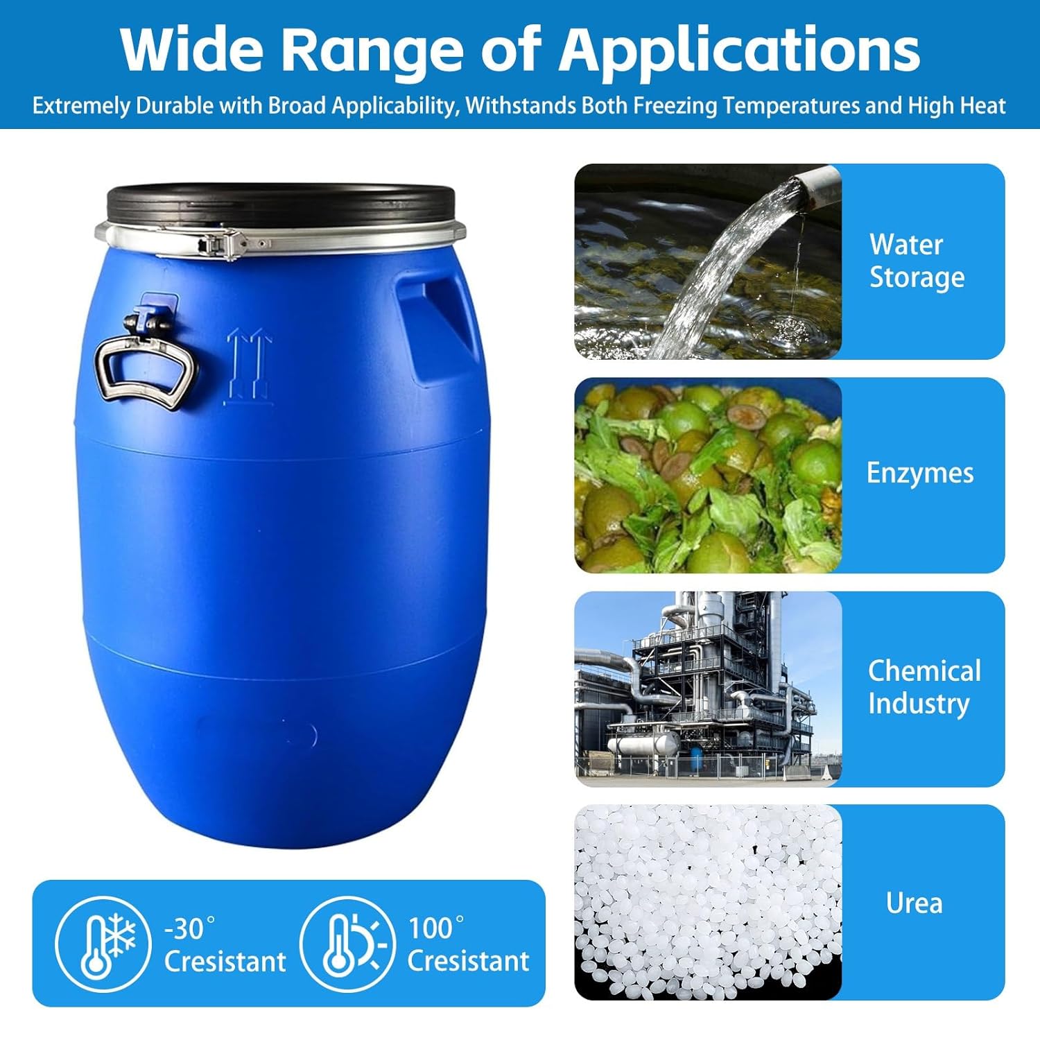 Blue Food Grade Plastic Barrel Water Drum Plastic Barrel with Lid for Fermentation，Shipping，Air Tight Industrial Storage Container(60L)