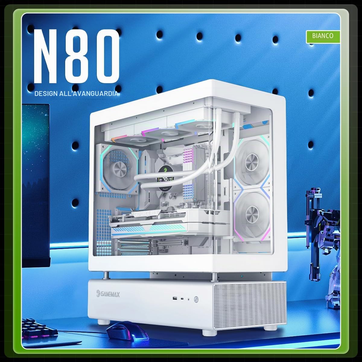 GAMEMAX N80 WH CASE PC ATX Mid Tower, Vetro Panoramico 270° Anteriore & Laterale, 6 Ventole ARGB PWM da 120mm Preinstallate, USB-C Gen2, Supporto BTF & GPU Verticale, Case PC Gaming (Bianco)