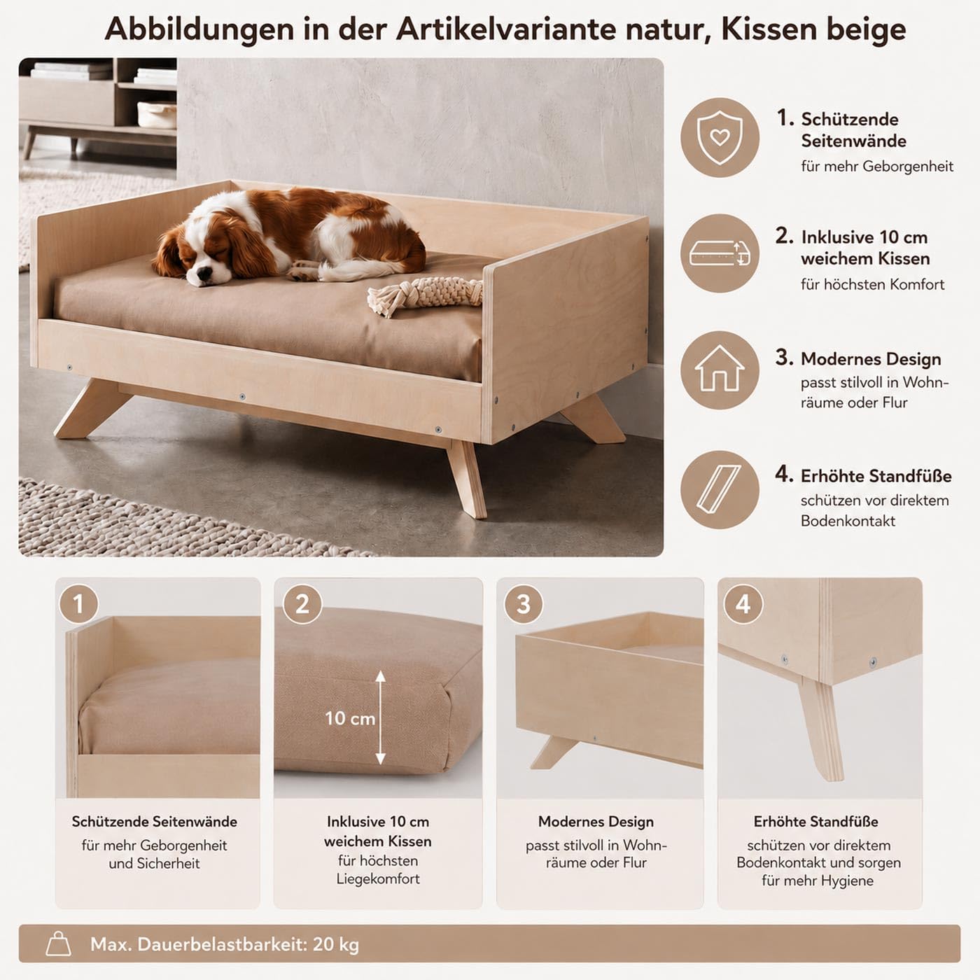 Mendler Lit pour Animaux HWC-Q64, Panier pour Chats et Chiens, Corbeille pour Animaux, couchette, en Bois MVG 32 x 72 x 50 cm - Blanc, Coussin Gris