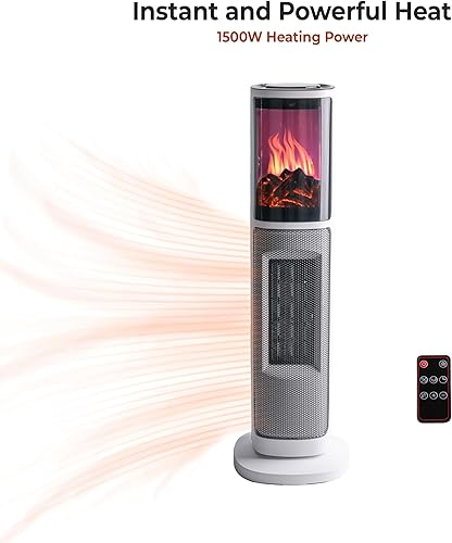 Miniatura 5 de Comfort Zone Calentador de espacio de torre de 25 pulgadas con efecto de llama 3D, 1500 W1000 W, temporizador de 8 horas, oscilación de 75,