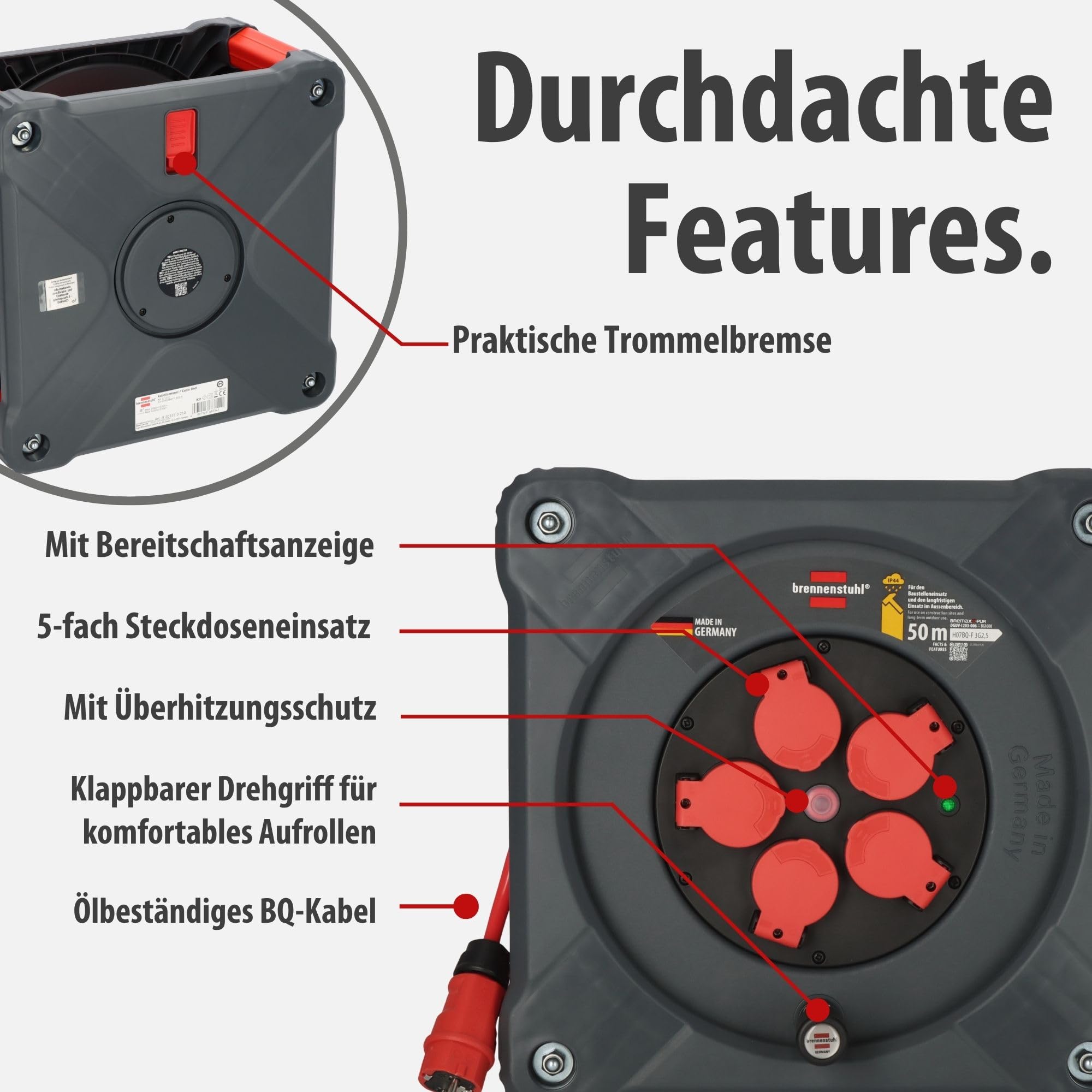 Brennenstuhl Professional Baustellen-Kabeltrommel KA 5210 5 IP44 (50m H07BQ-F 3G2,5 Kabel in rot, 5 Schutzkontakt-Steckdosen, Baustelleneinsatz und ständiger Einsatz im Freien, Made in Germany)