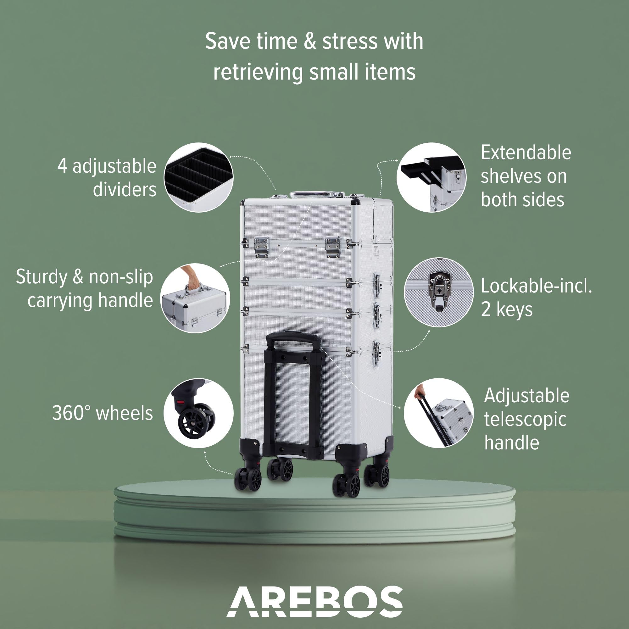 Arebos | valigia per cosmetici | valigia professionale per il trucco | valigia per il trucco 3 in 1 da viaggio | chiudibile a chiave | con ruote universali rotanti a 360° | Argento