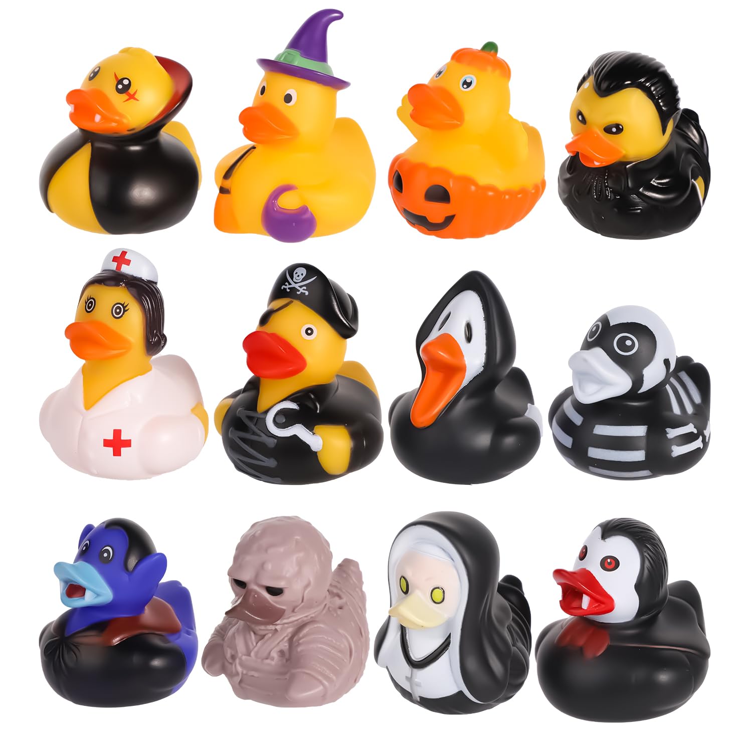 12pcs Halloween Rubber Ducks, 2 Inch Assorted Halloween Themed Rubber Ducks Pumpkin Vampire Funny Bath Ducky Toy Decoration for Halloween Party Favors